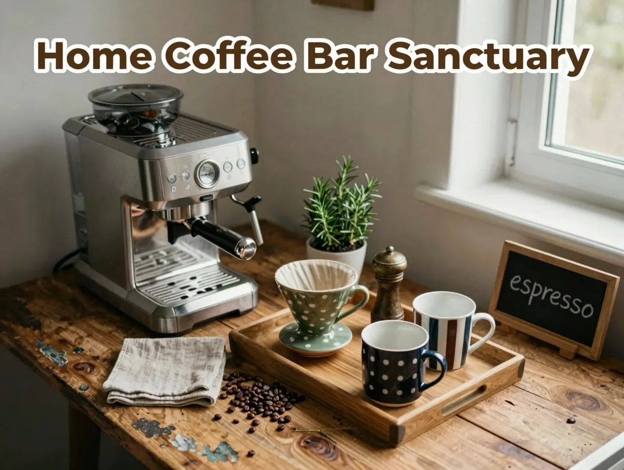 Coffee bar tray espresso machine vintage dripper mismatched mugs chalkboard