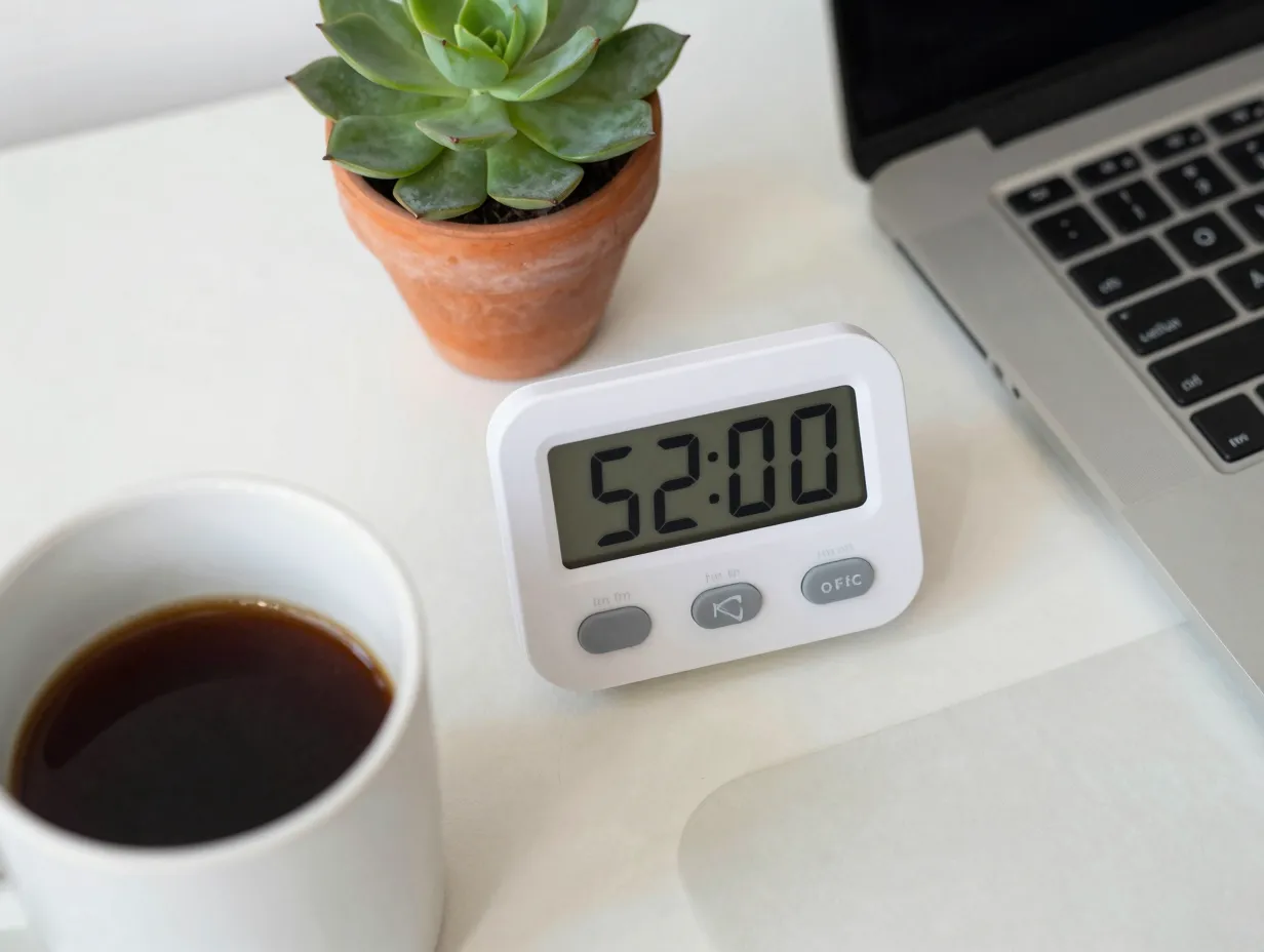 Digital timer displayed on neat organized desk plant visible beside coffee mug