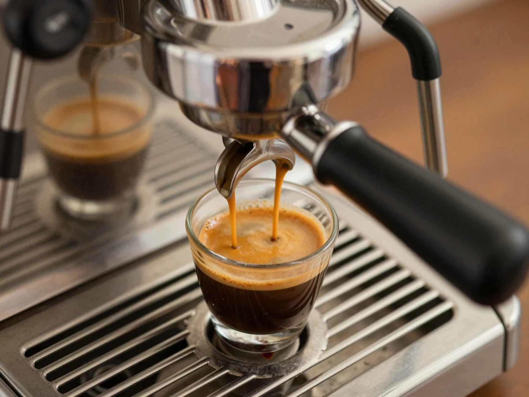 Freshly brewed espresso shot with golden crema in espresso machine