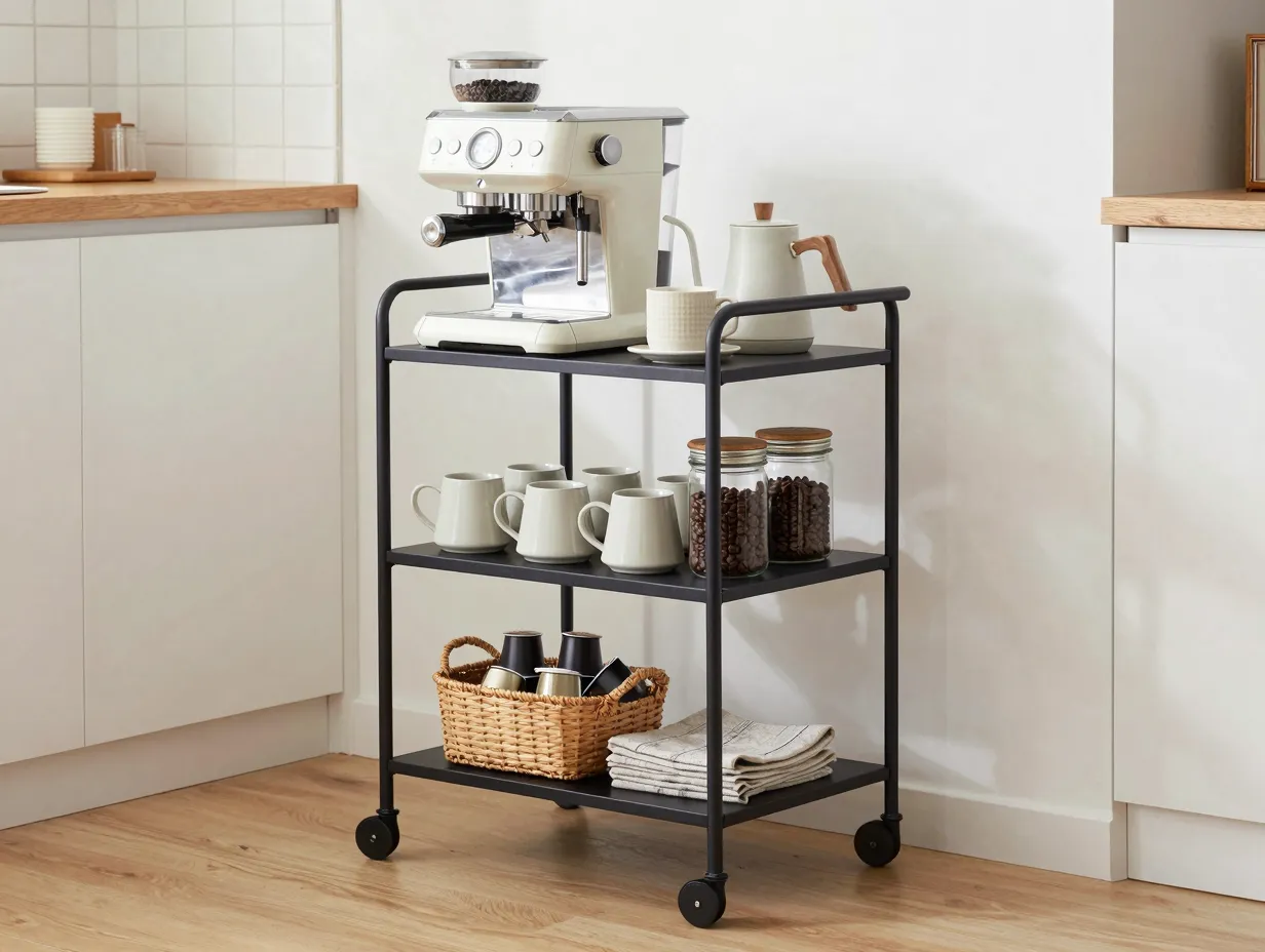 Rolling bar cart organized coffee supplies minimalist kitchen