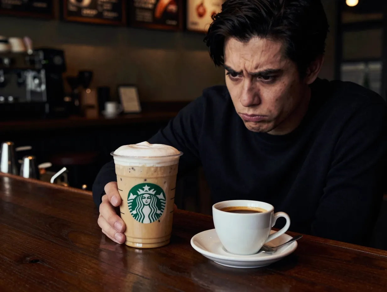Espresso purist comparing starbucks latte to traditional espresso shot