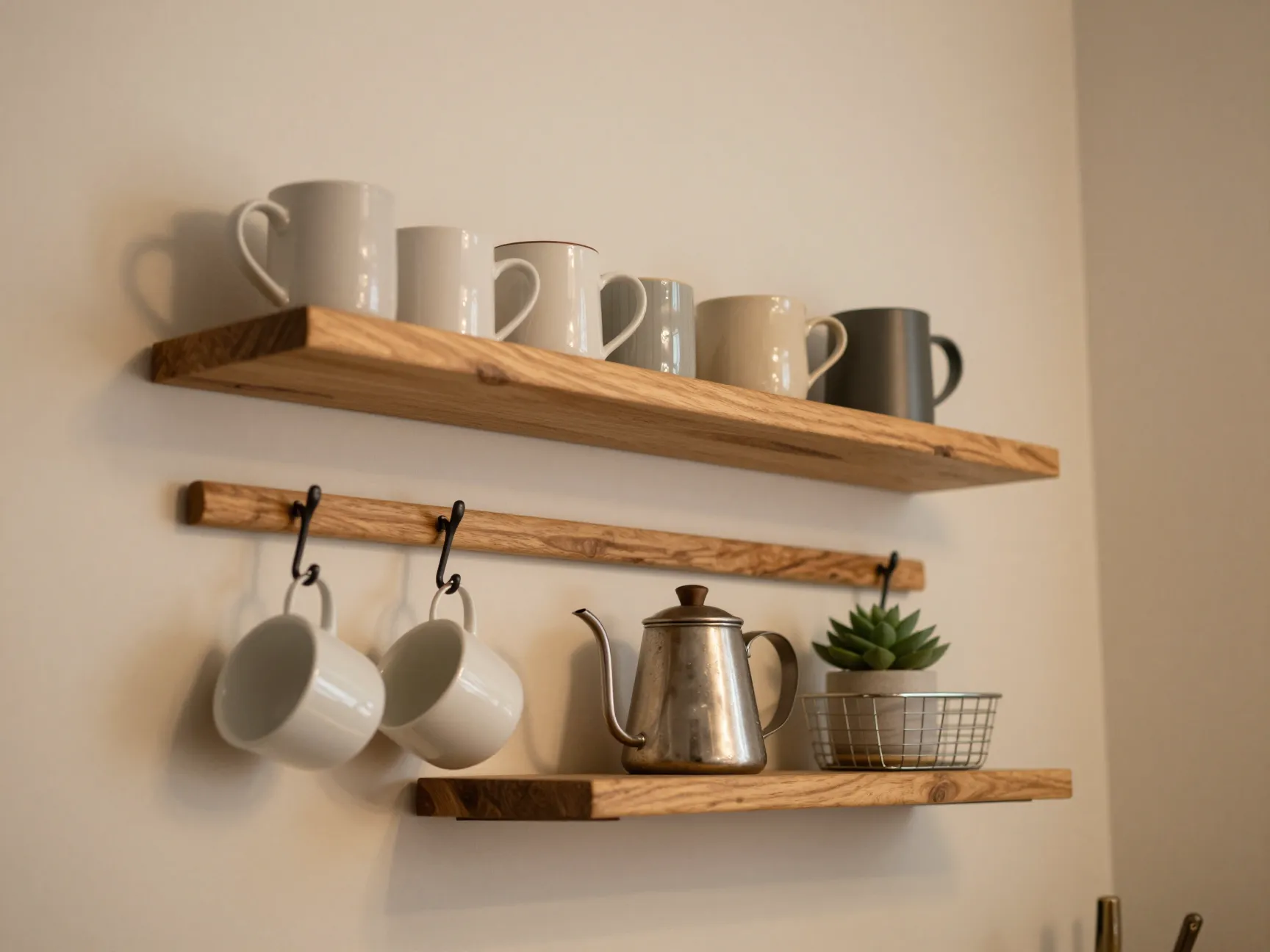 Floating shelves mugs tools small kitchen wall