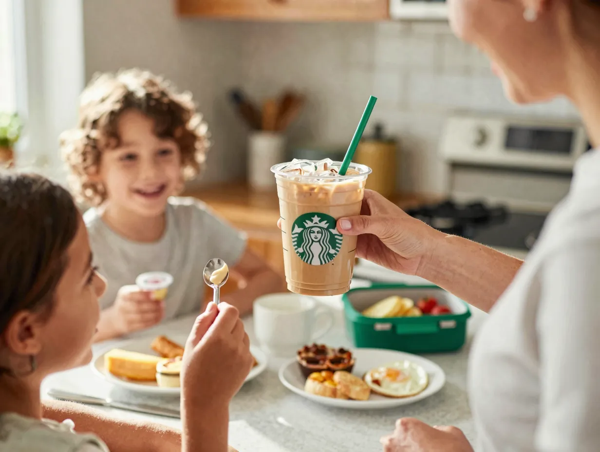 Busy parent child tasting starbucks protein latte sunny kitchen