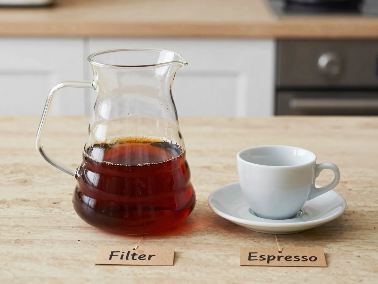 Large glass carafe of brewed filter coffee beside a small espresso cup