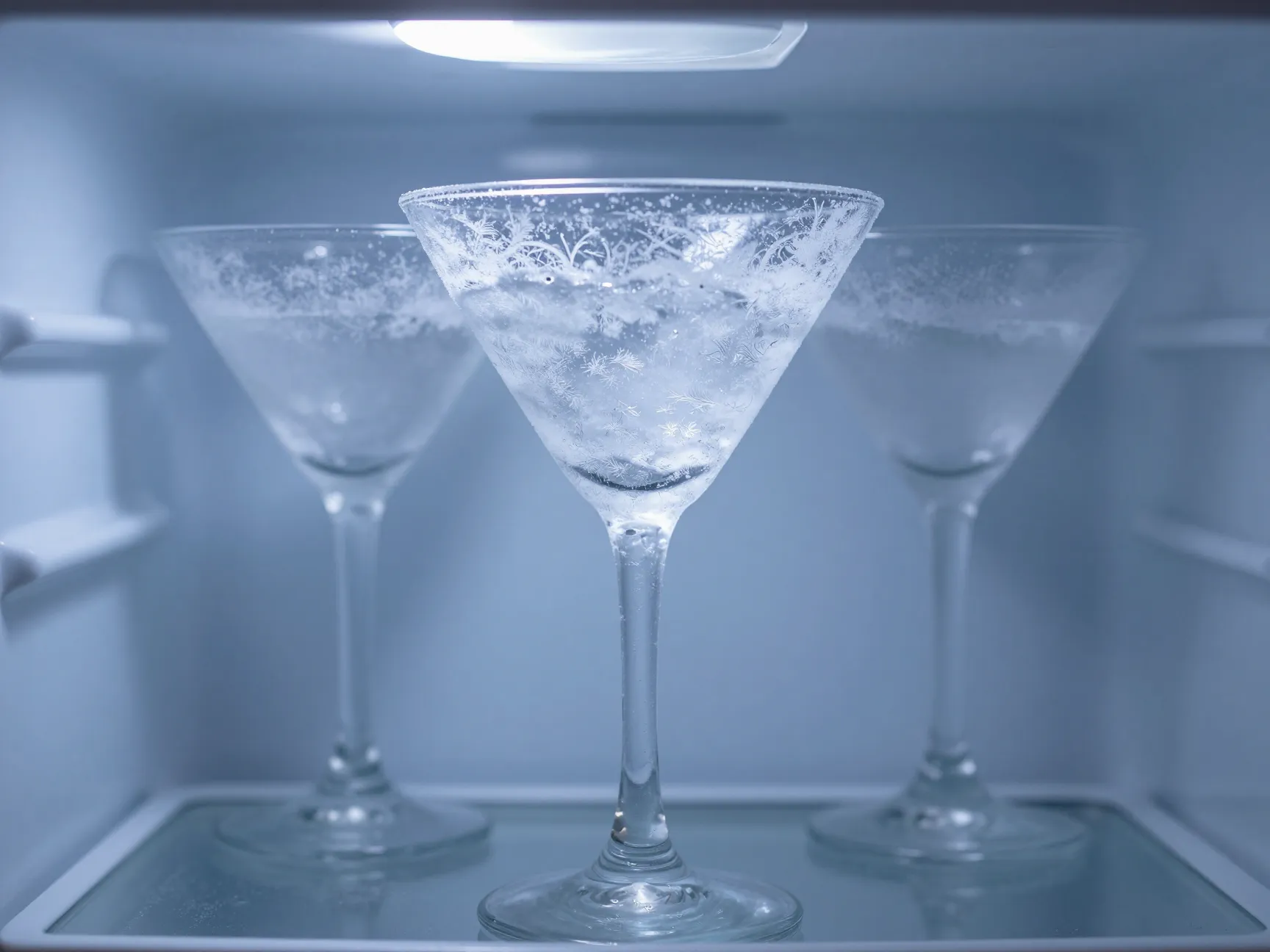 Martini glass chilling in freezer with frost and ice crystals
