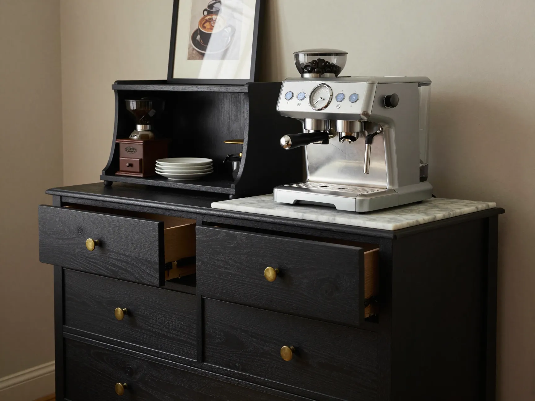 Repurposed wooden dresser transformed home coffee station