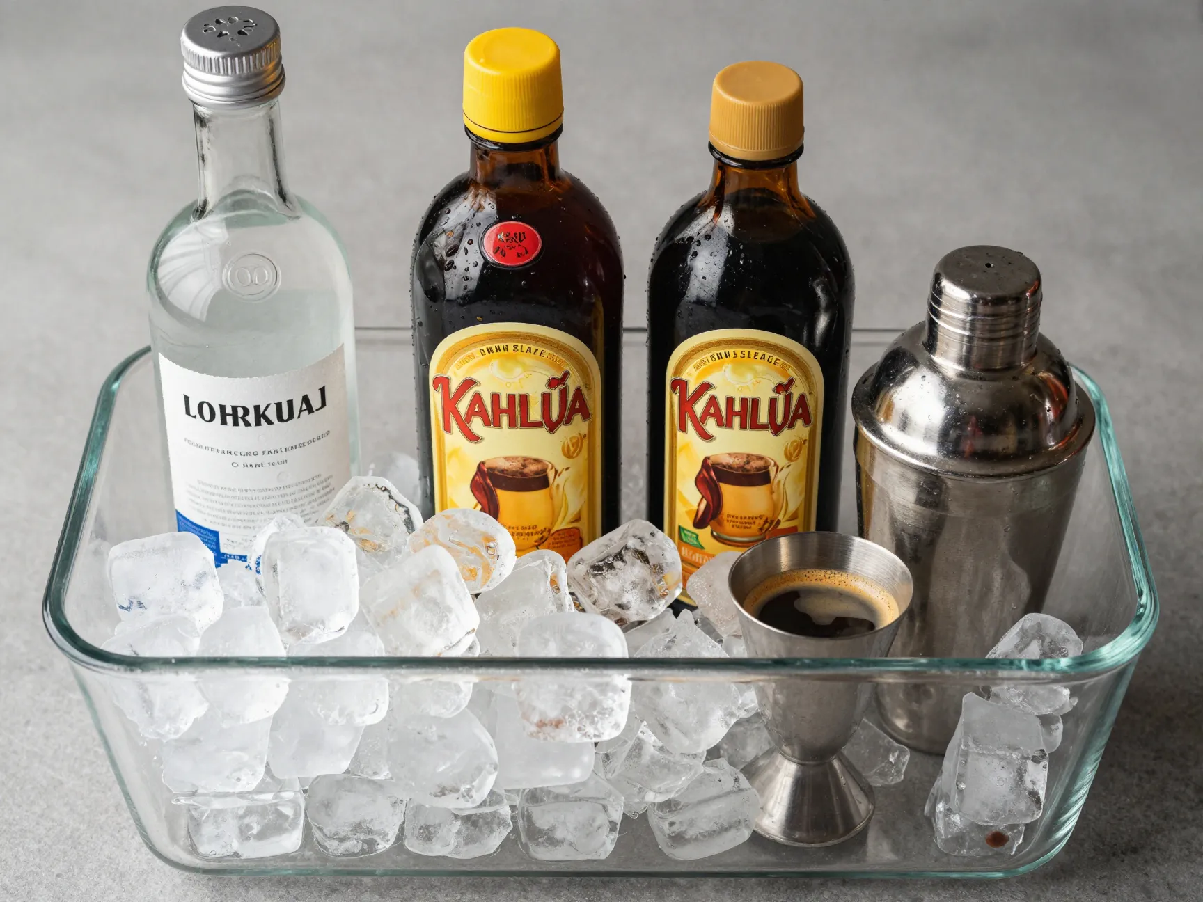 Cocktail shaker filled with ice and ingredients in correct order