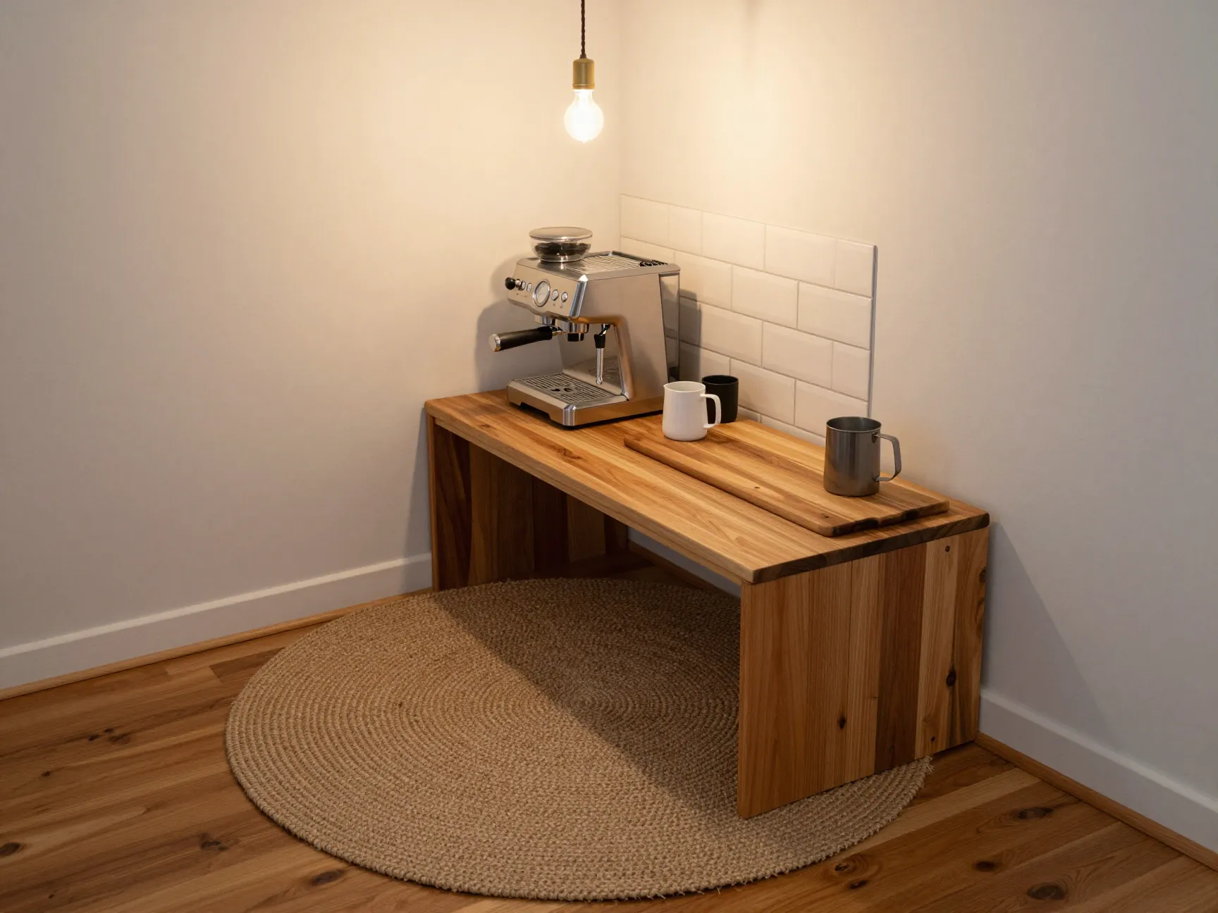 Defined coffee bar zone rug pendant light wooden tray