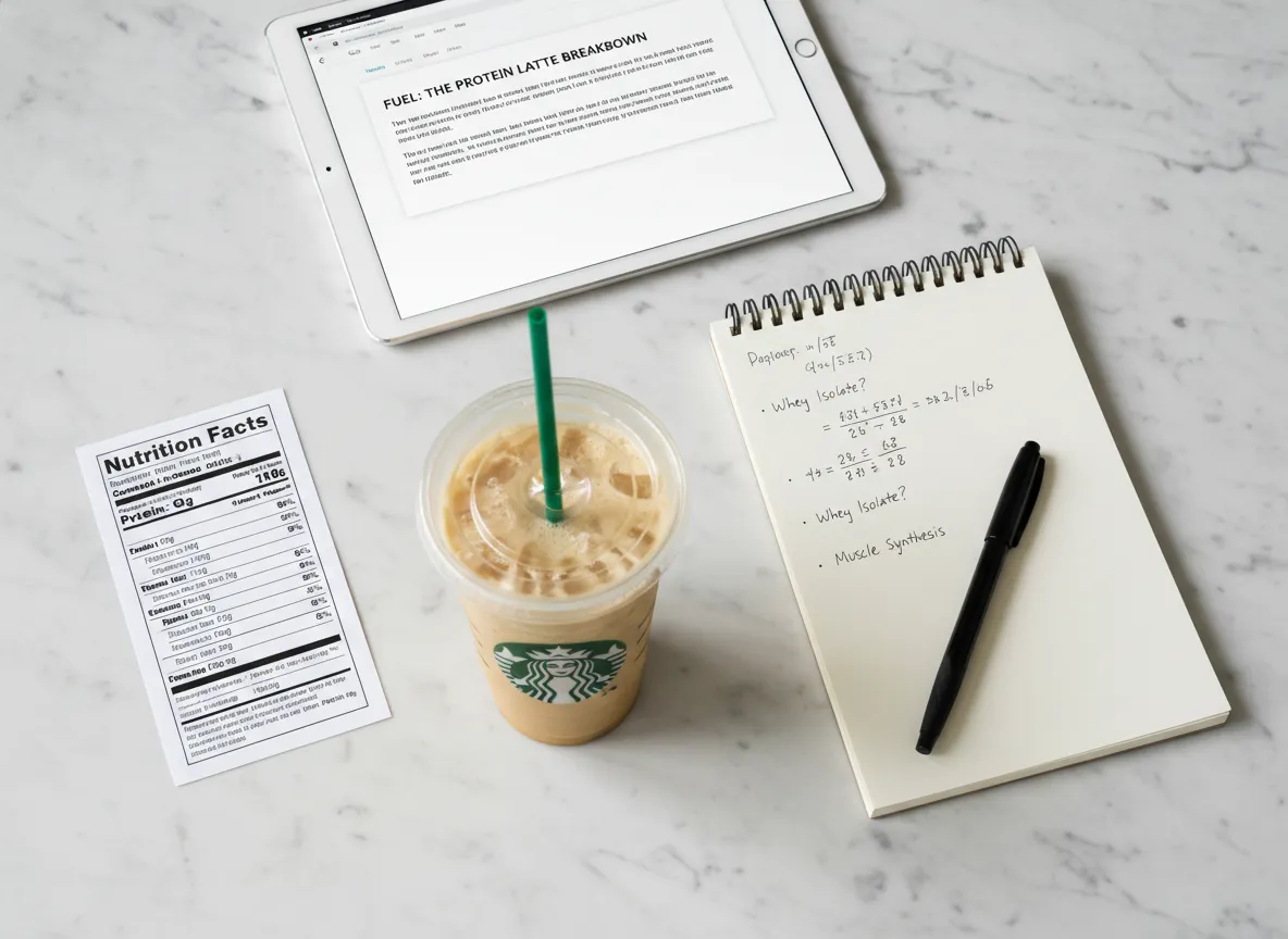 Nutrition blogger flat lay protein latte facts tablet notes