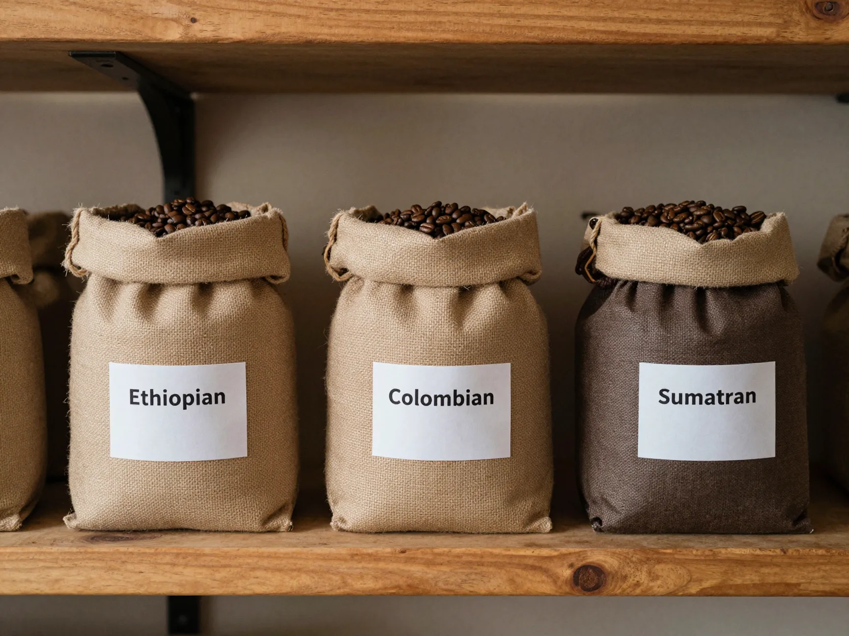 Three distinct bags of whole bean coffee arranged on a rustic wooden shelf