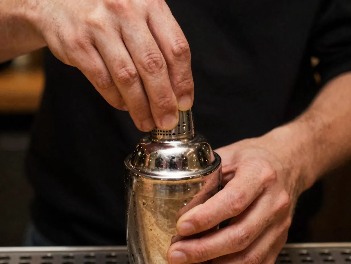 Bartender sealing cocktail shaker lid firmly with both hands