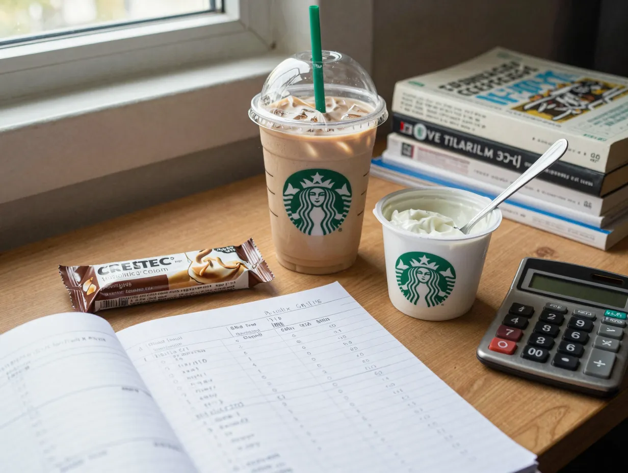 College student budget desk starbucks latte protein bar yogurt