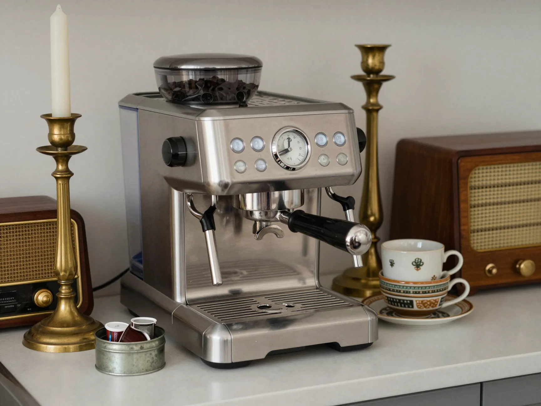 Modern espresso machine vintage candlesticks antique radio