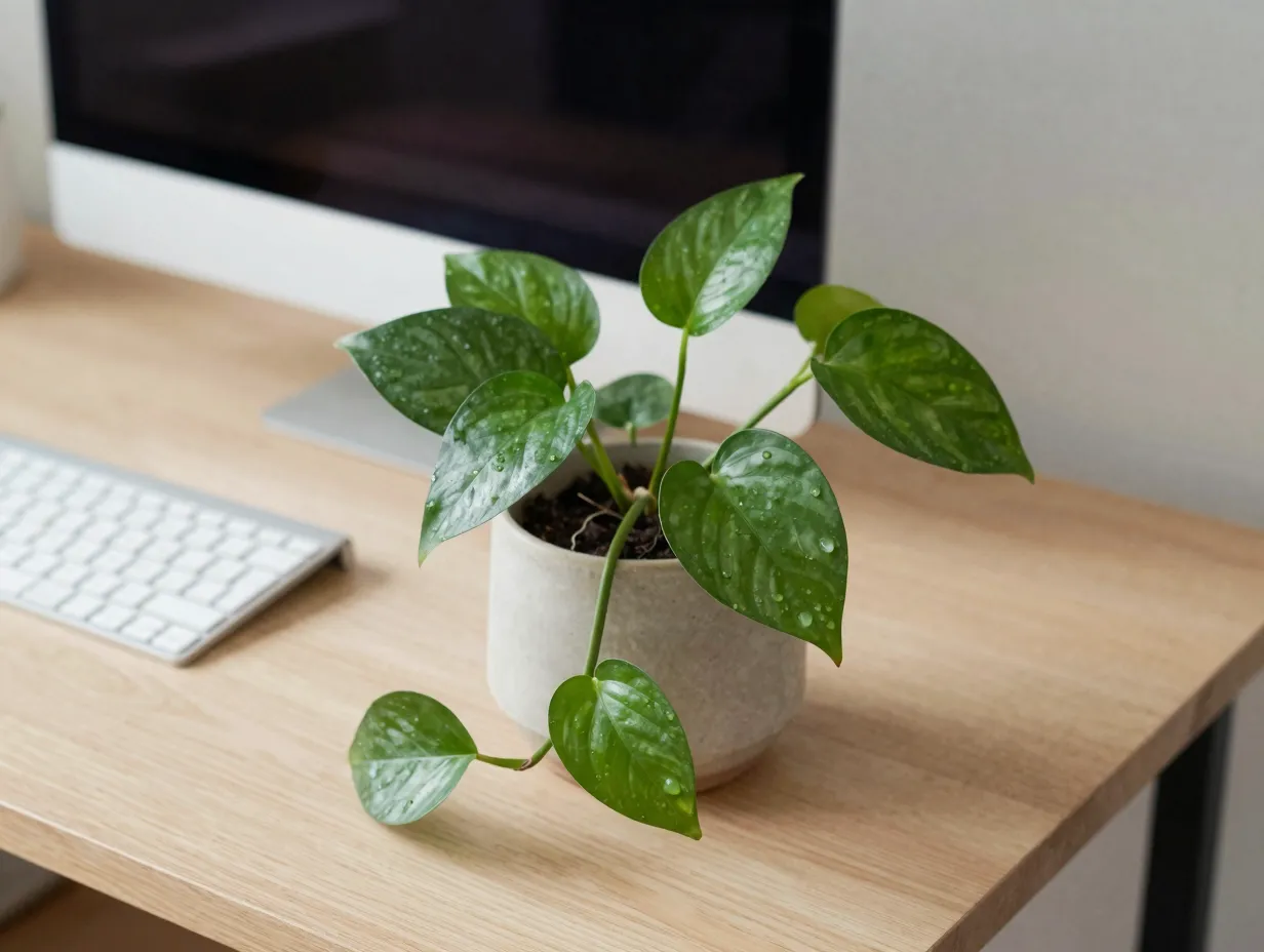 Small green pothos plant thriving in pot on a modern home office desk