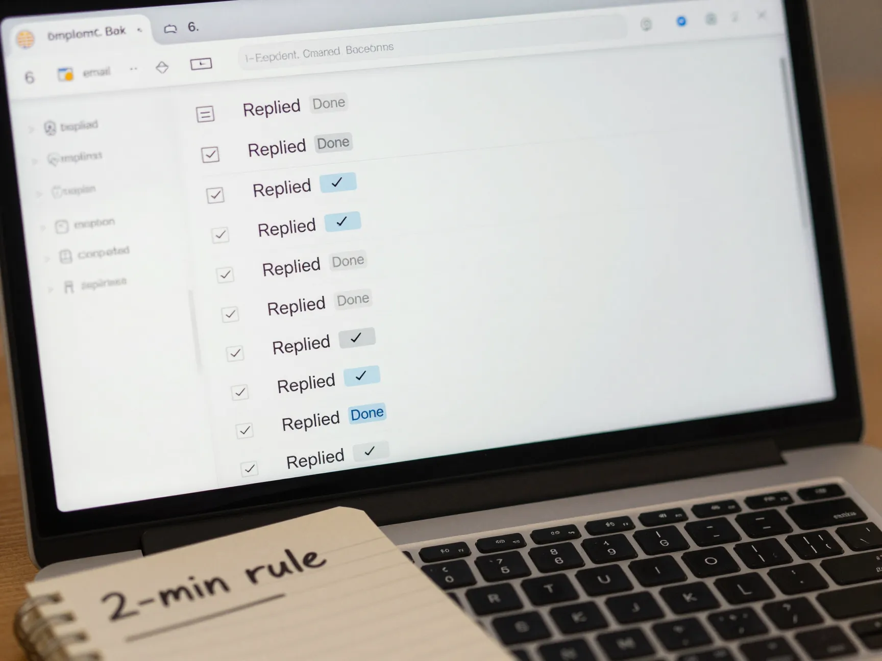 Computer screen showing email inbox with several marked as completed