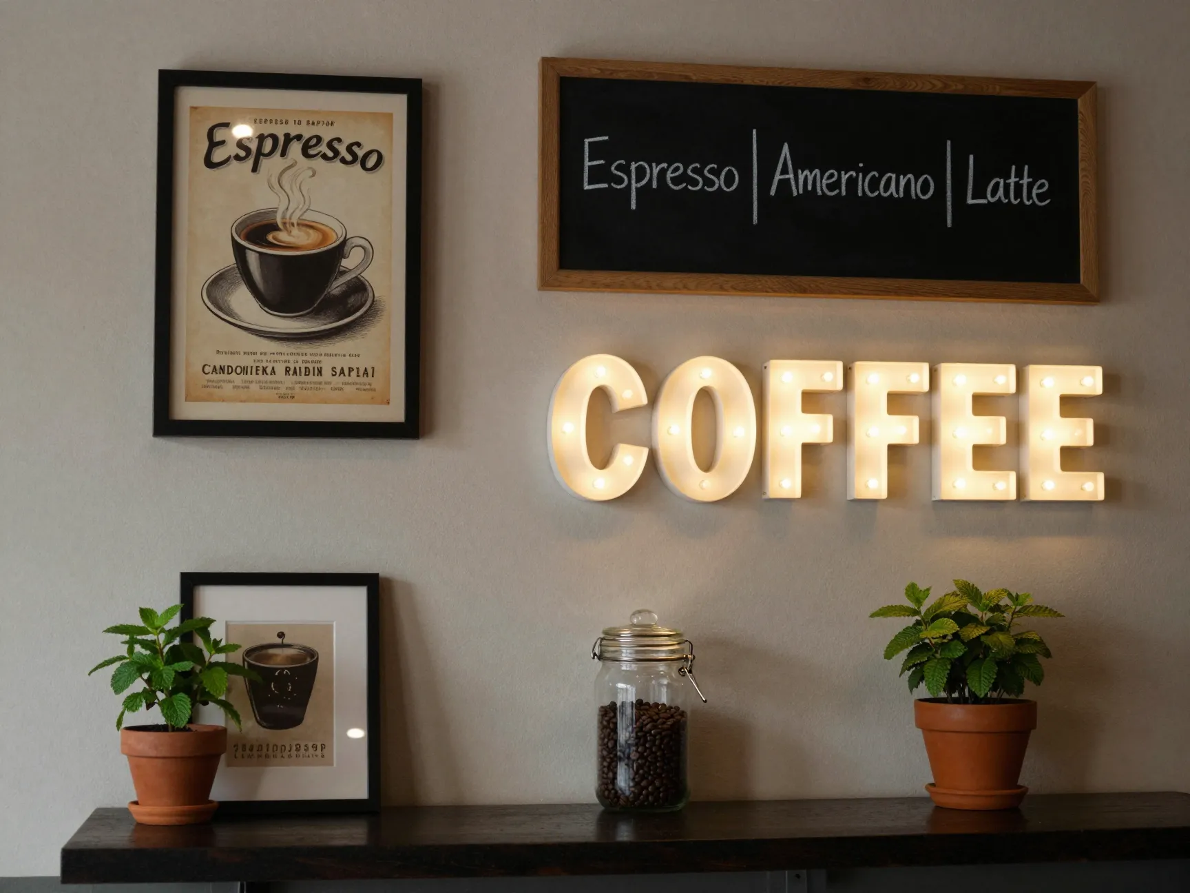 Cafe wall chalkboard menu framed art marquee light