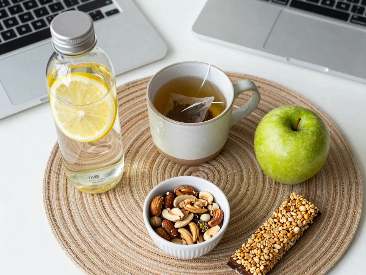 Curated selection of wellness items on a dedicated office desk corner