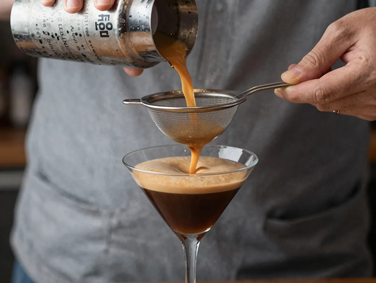 Double straining espresso martini through fine mesh strainer