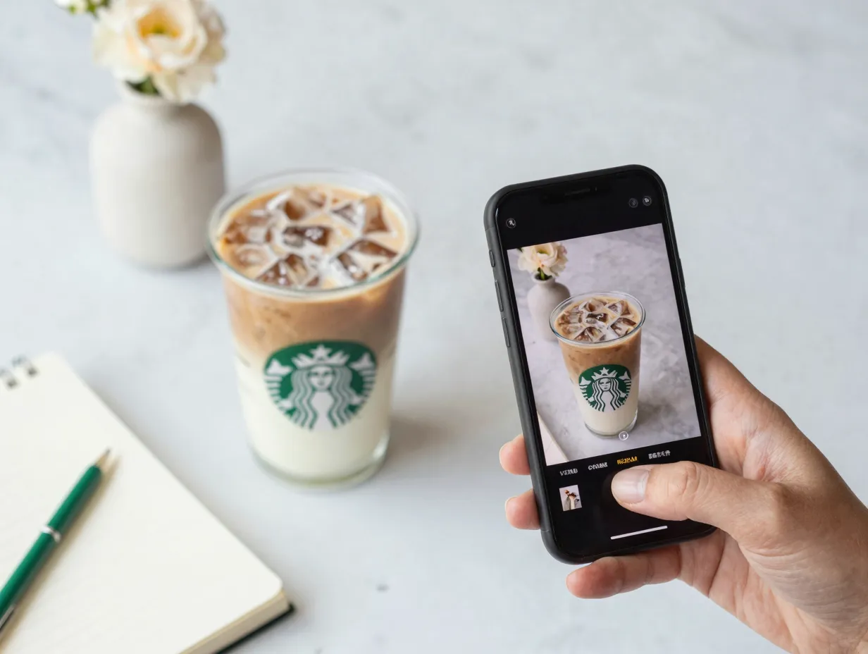 Social media foodie flat lay stylized starbucks latte phone props