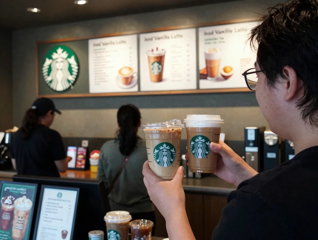 Starbucks regular inside cafe holding protein latte menu board