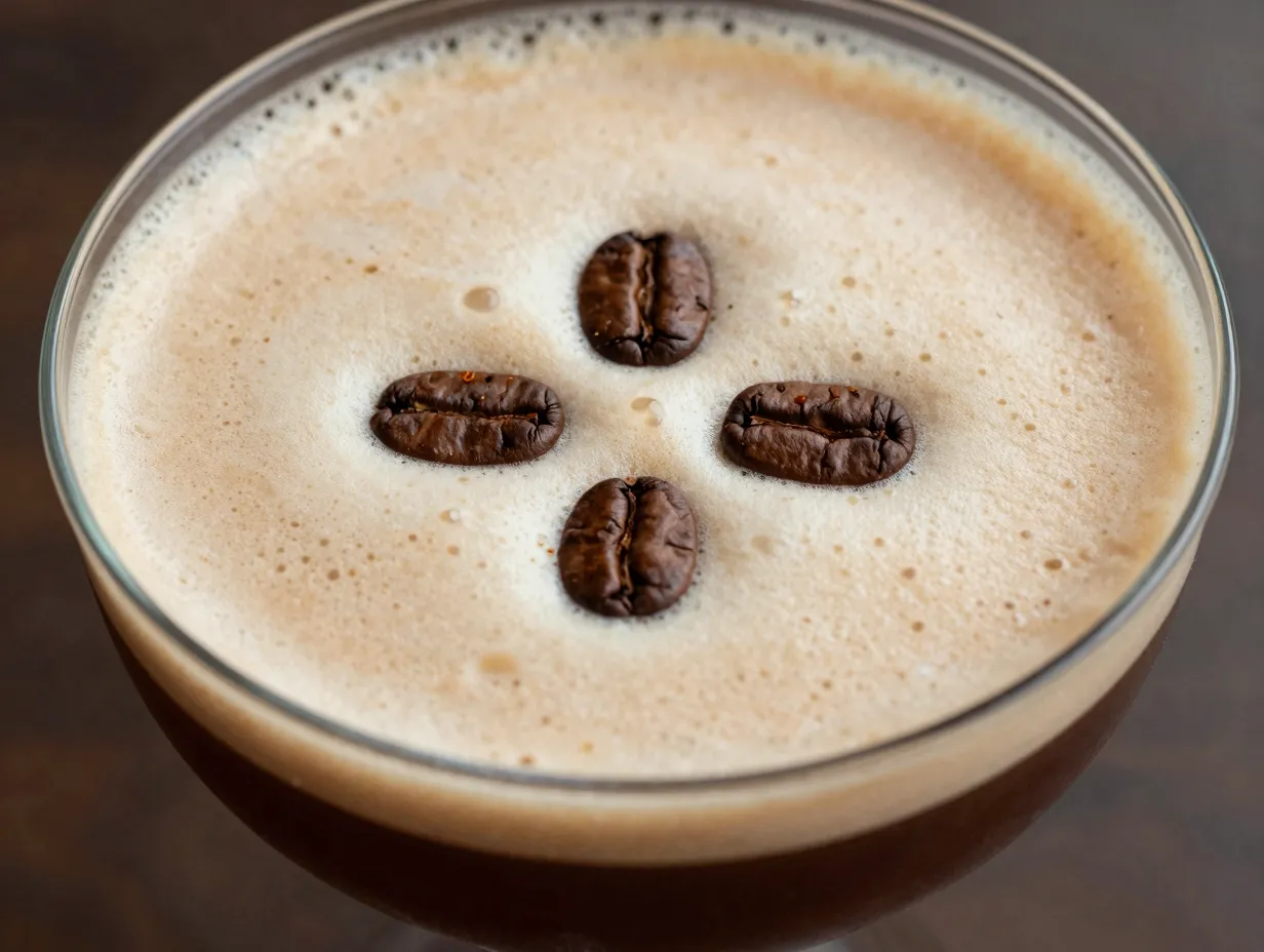 Three coffee beans garnished in petal formation on foam layer