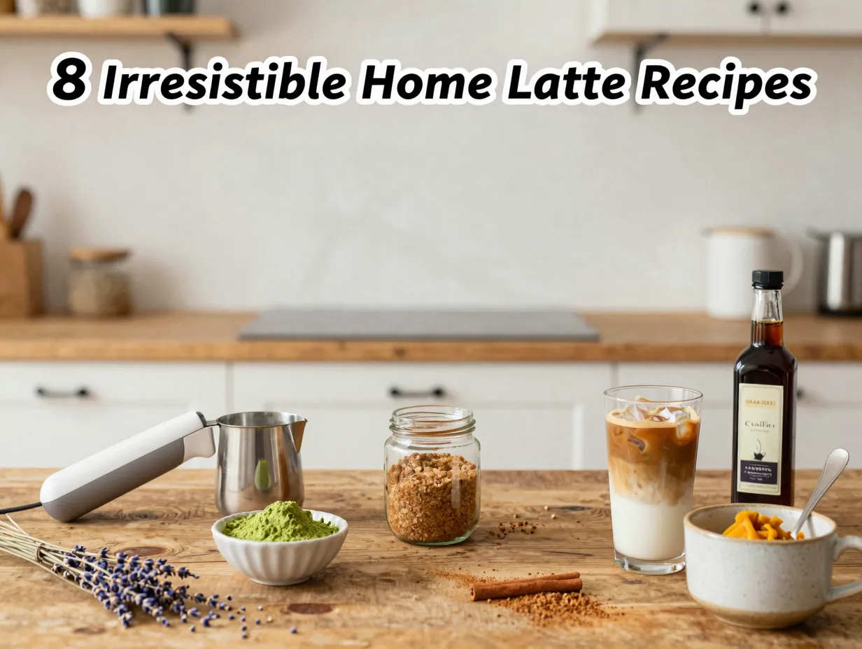 Handheld frother matcha brown sugar lavender pumpkin iced latte flatlay