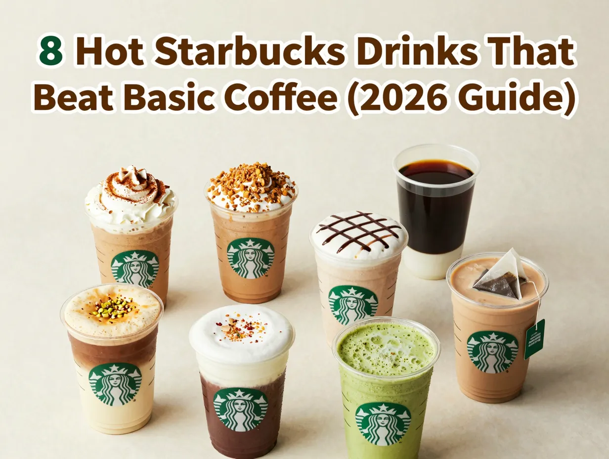 Starbucks eight hot drinks flat lay pumpkin spice caramel matcha