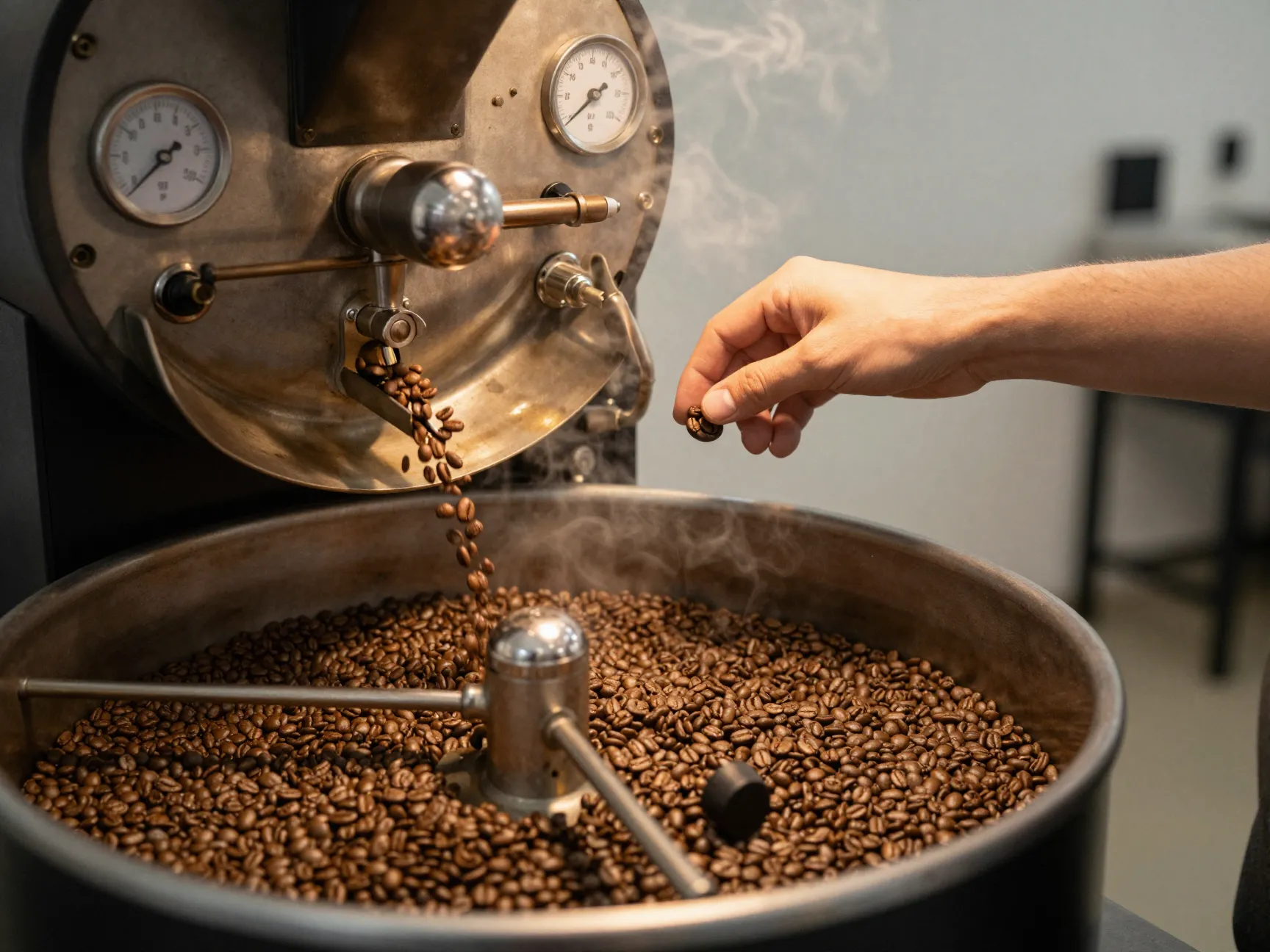 Hand monitored small batch coffee roasting in a santa clara facility