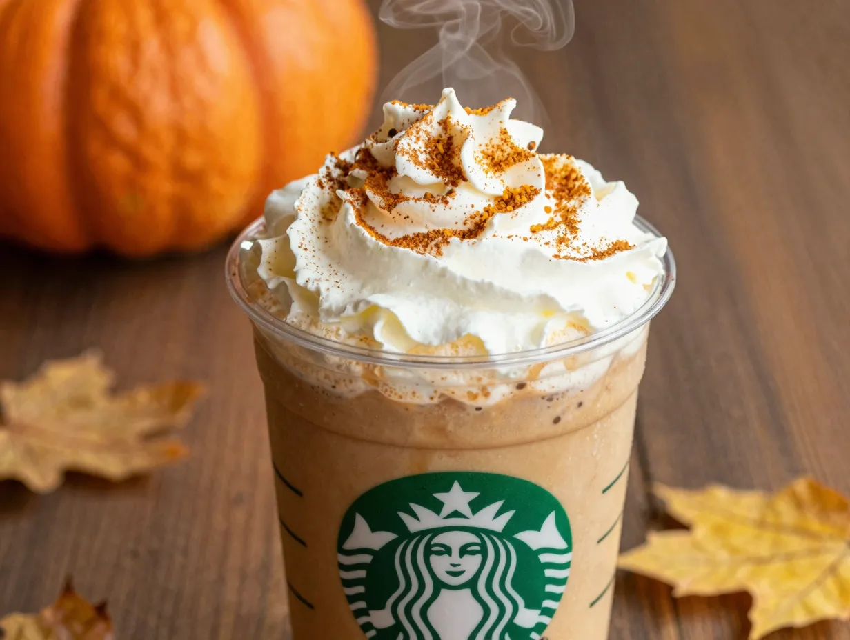 Pumpkin spice latte with whipped cream and autumn spices detail