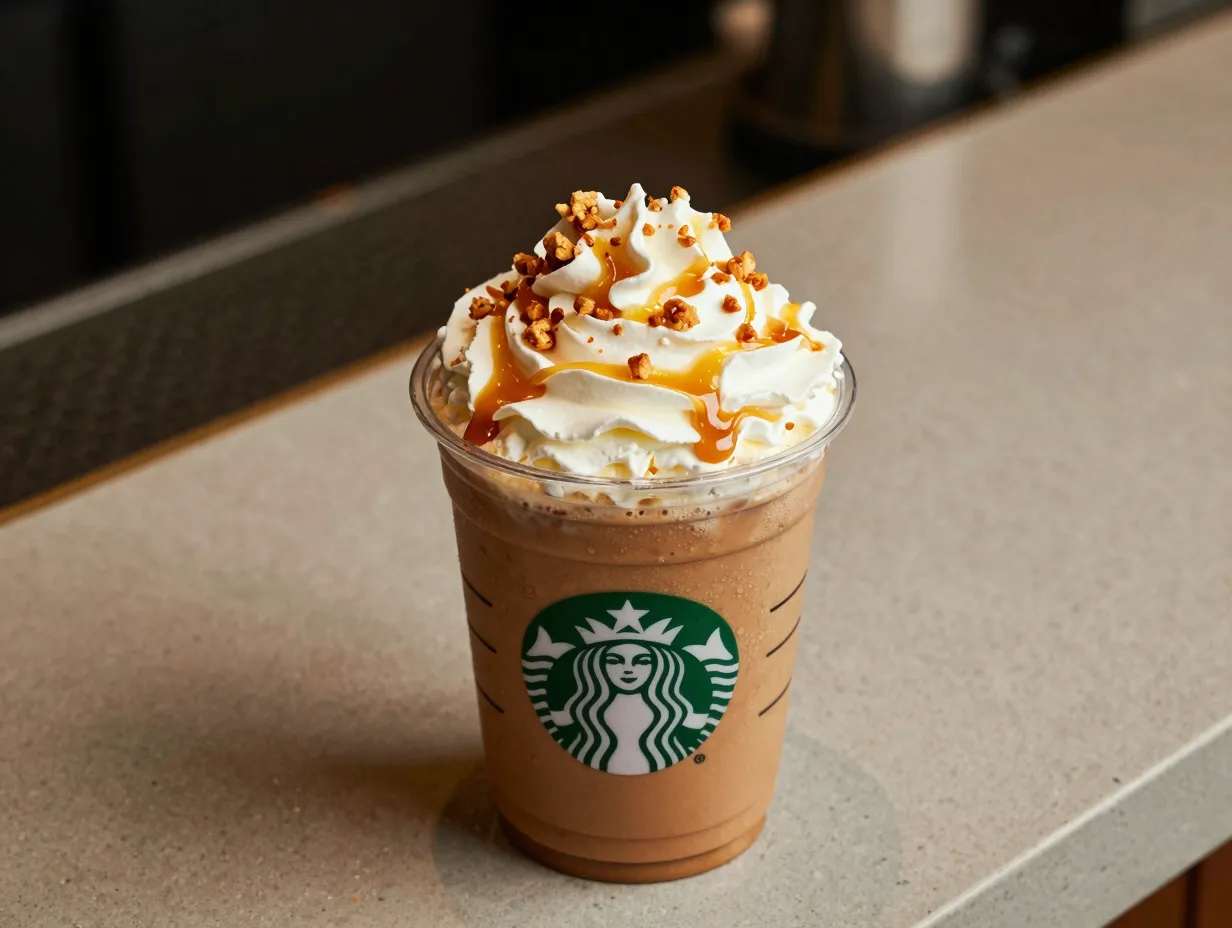 Caramel brulée latte with whipped cream and caramel topping