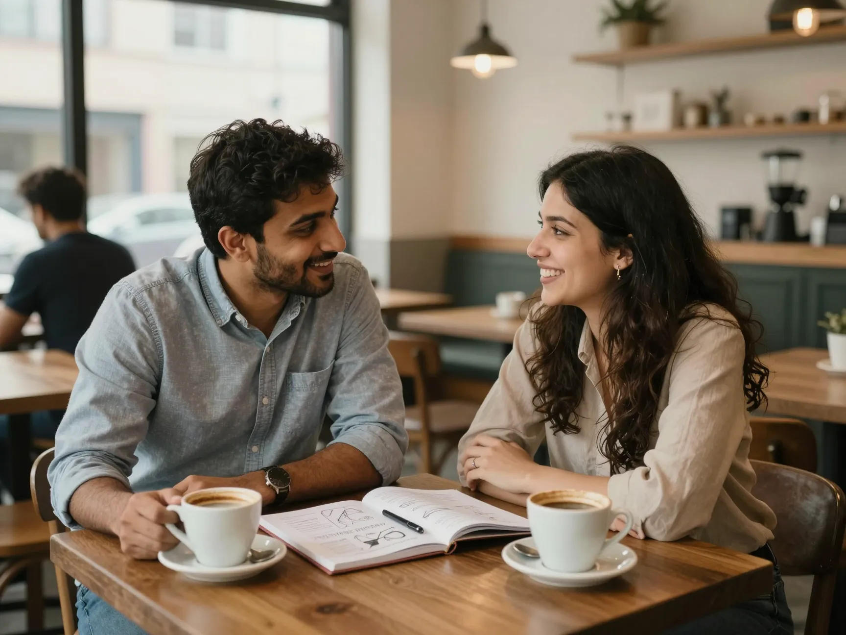 Co owners sameer shah and lauren burns discussing vision in a cafe