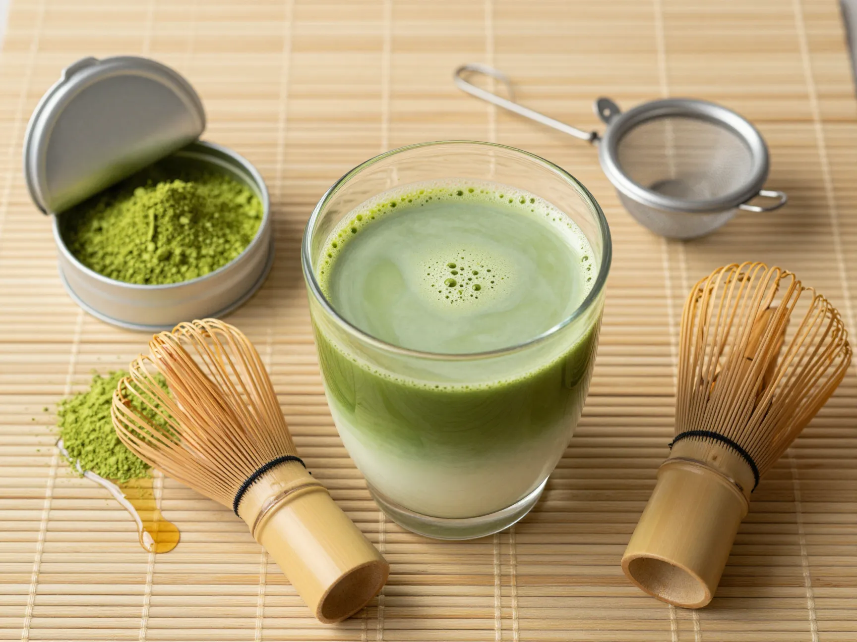 Matcha latte with ceremonial grade powder in glass and whisk
