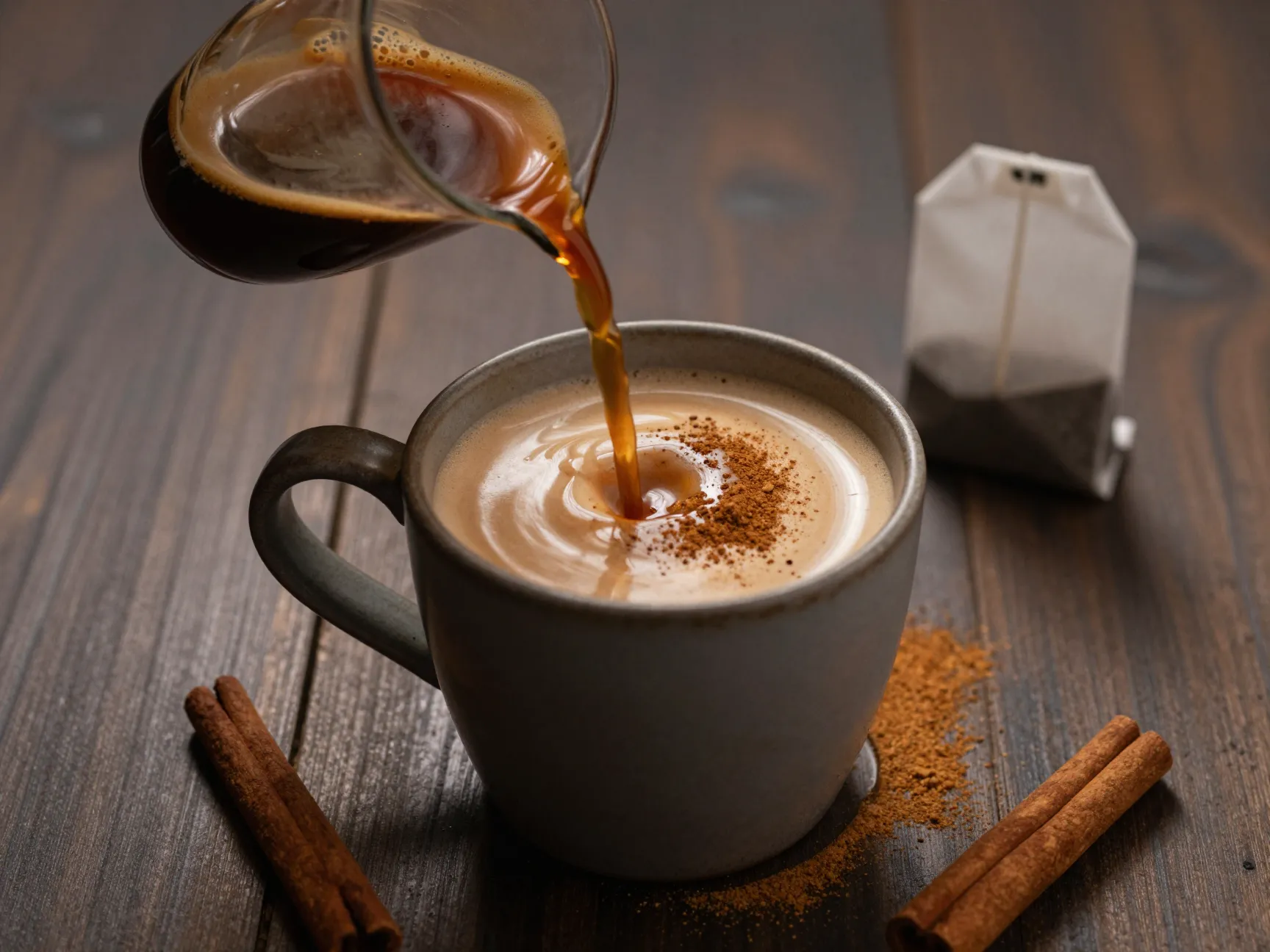 Dirty chai latte with espresso shot and cinnamon in mug