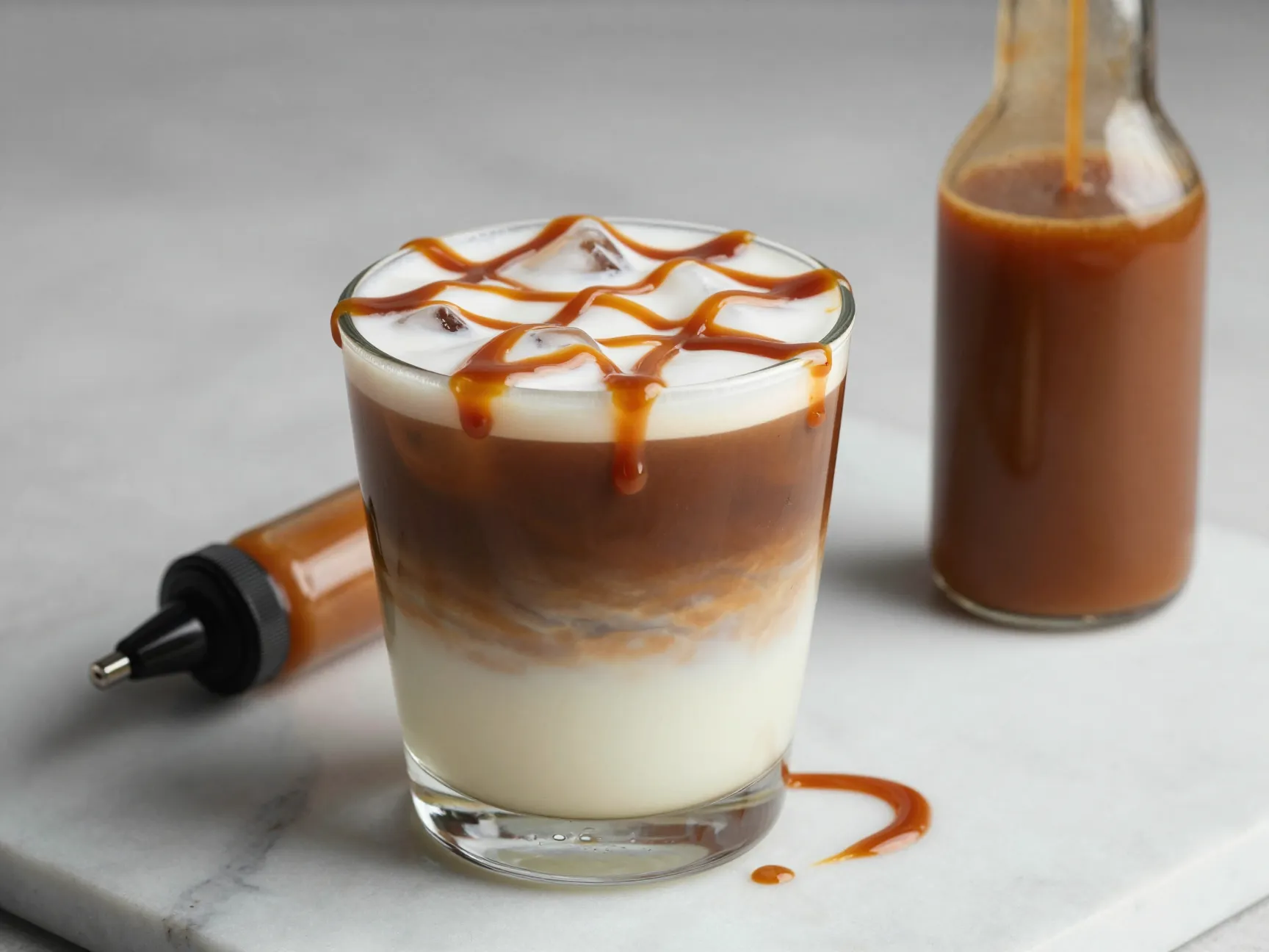 Caramel macchiato style latte with crosshatch drizzle in glass
