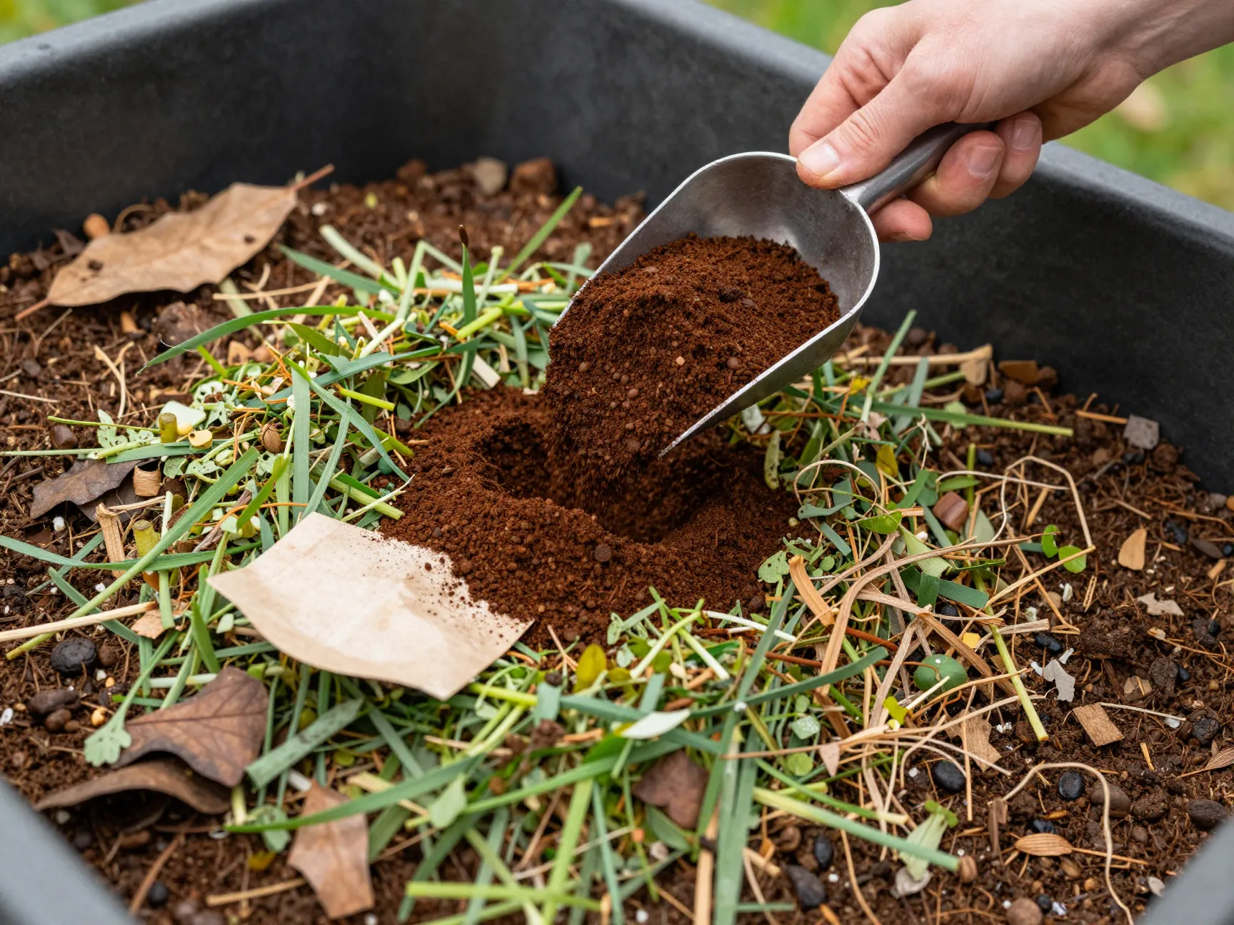 Compost accelerator with coffee grounds and brown material