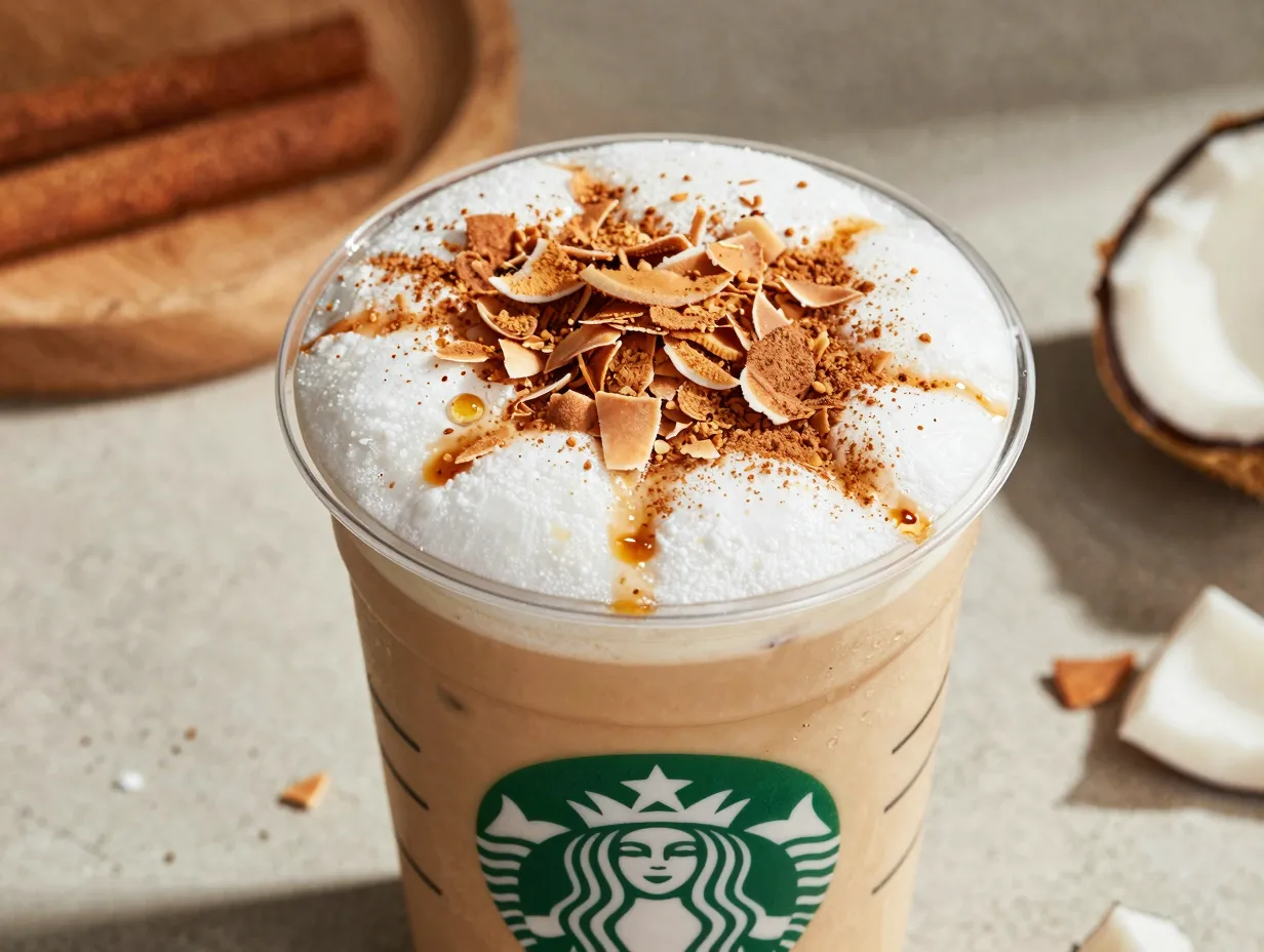 Toasted coconut latte with coconut flakes and cinnamon dusting