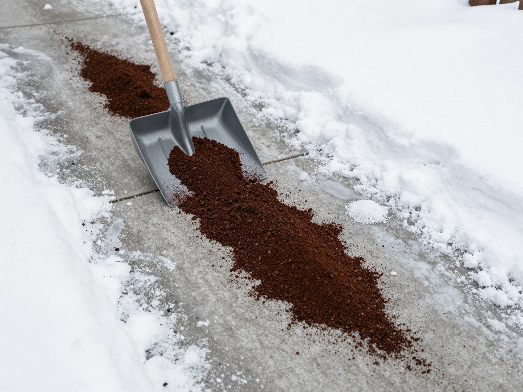 Eco friendly ice melter on a snowy walkway