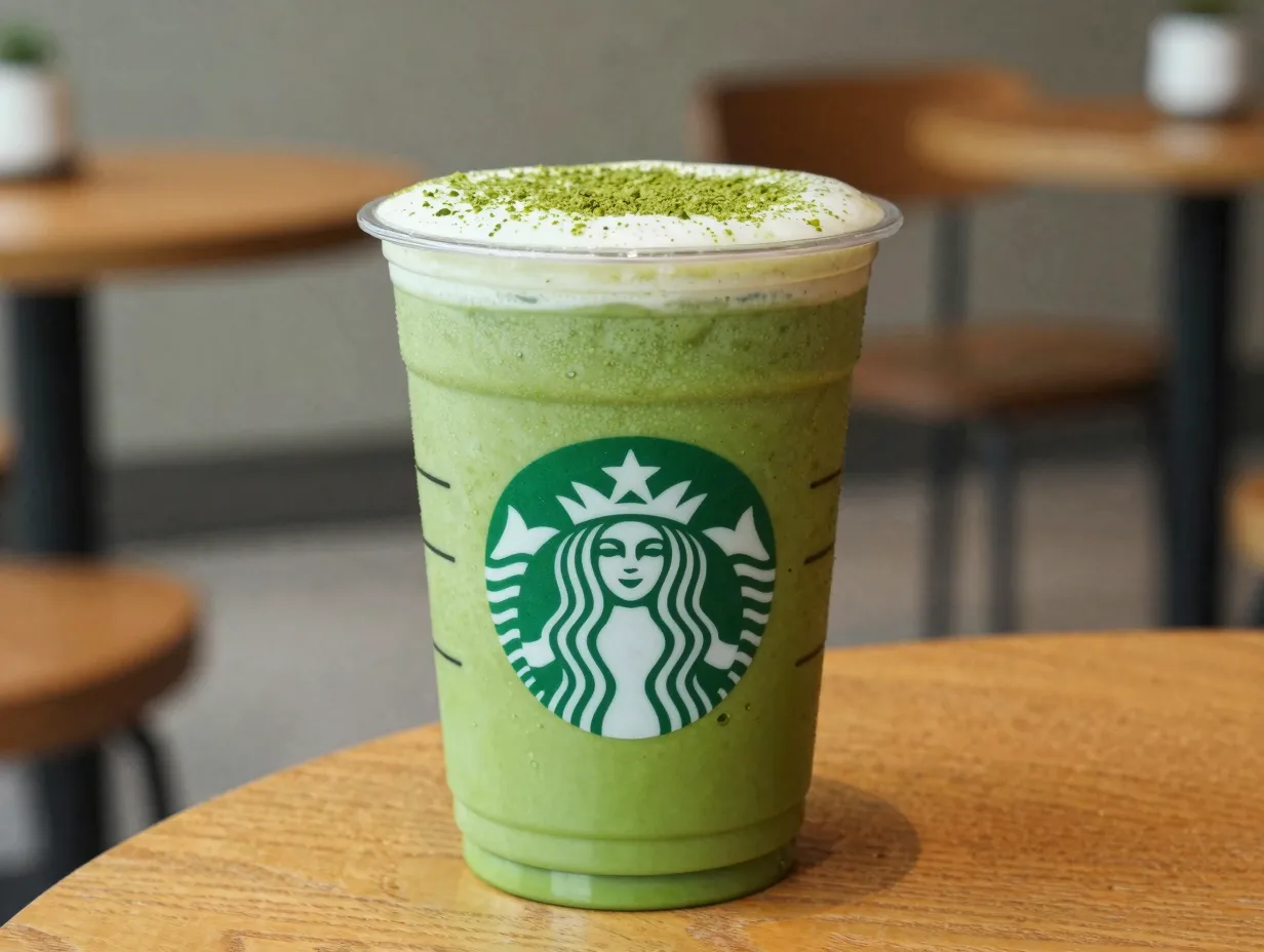 Matcha tea latte vibrant green drink with steamed milk