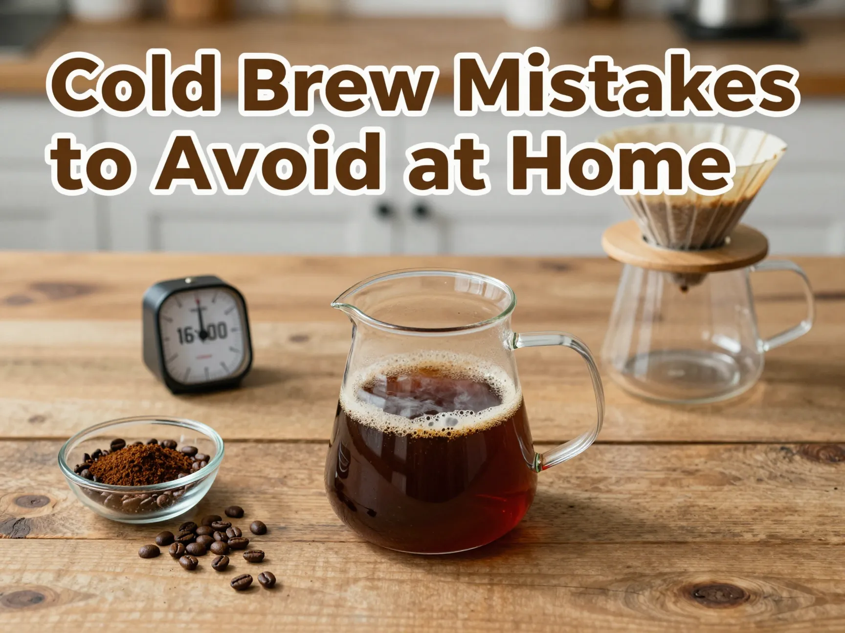 Home cold brew mistakes avoidance coarse grind timer filter glass pitcher