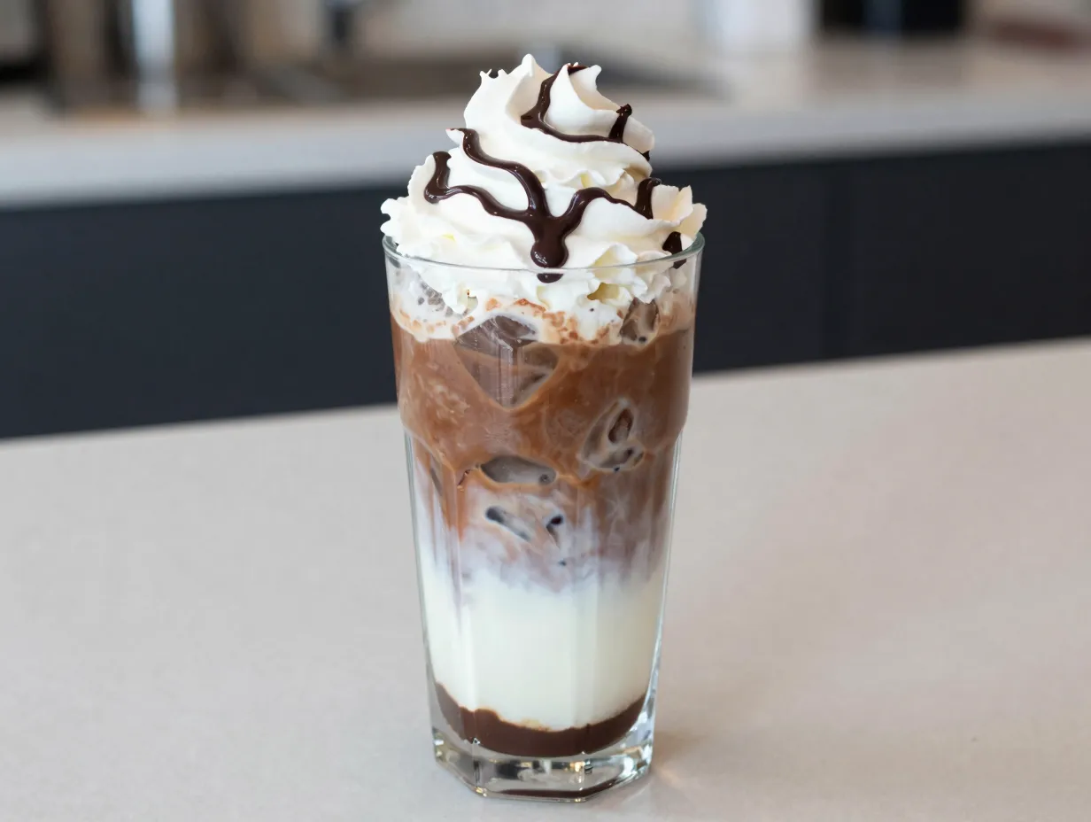 Classic iced mocha latte in tall glass with whipped cream