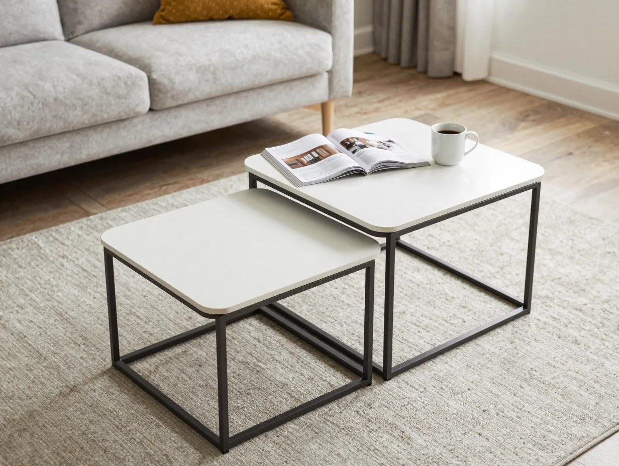 Classic nesting coffee tables airy metal base west elm set in small apartment
