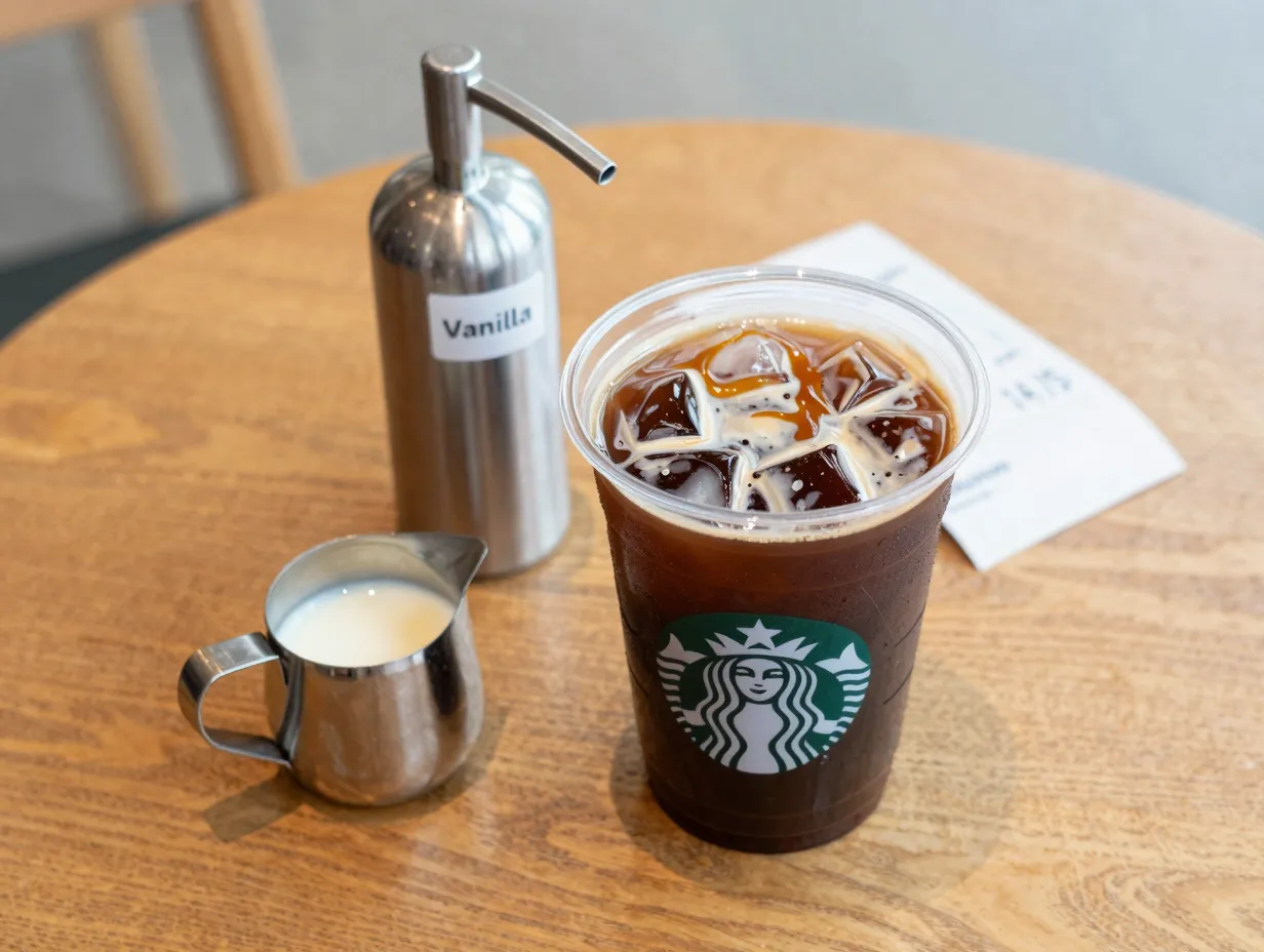 Triple iced espresso on a wooden table with vanilla syrup and milk