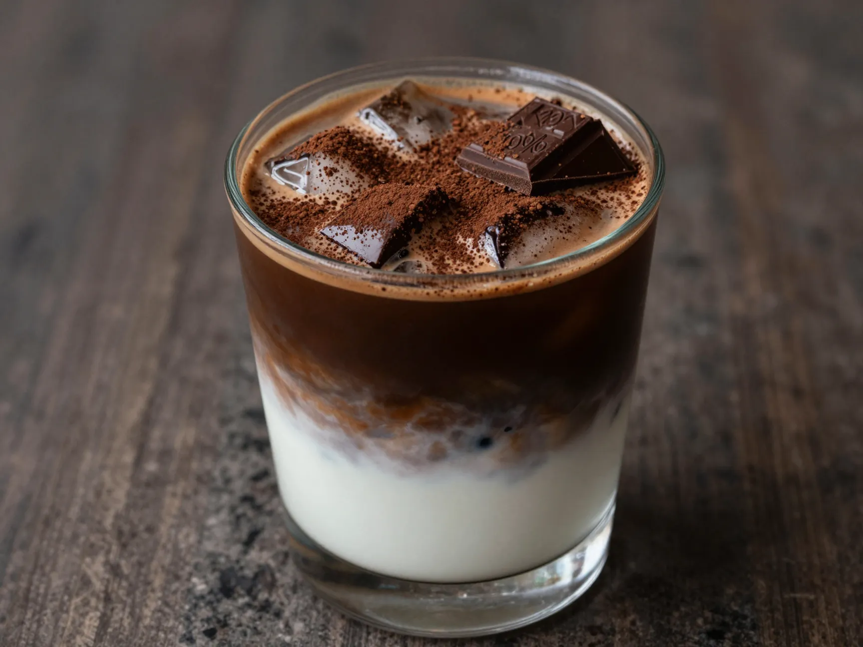 Dark chocolate espresso mocha with melted chocolate and cocoa dust