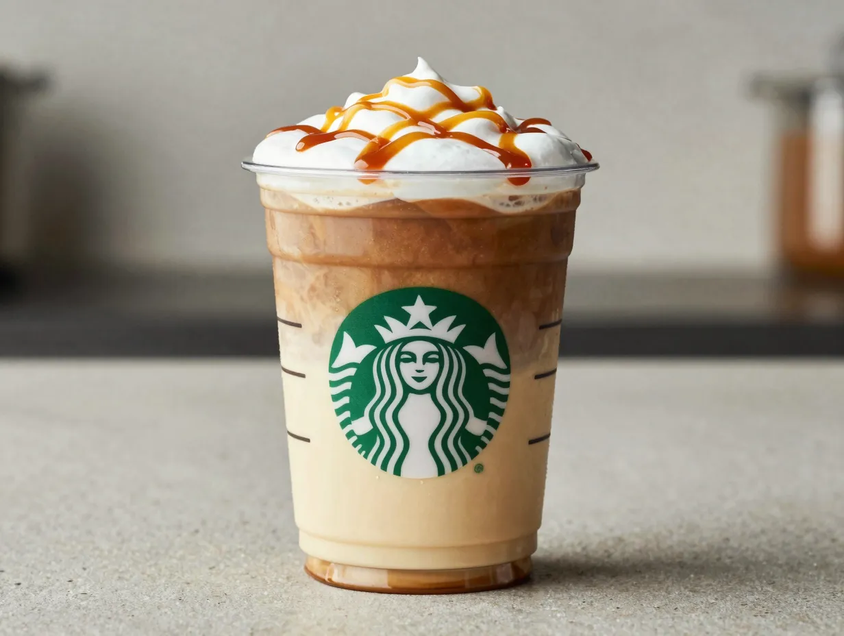 Creamy oat milk iced caramel macchiato with dramatic layers