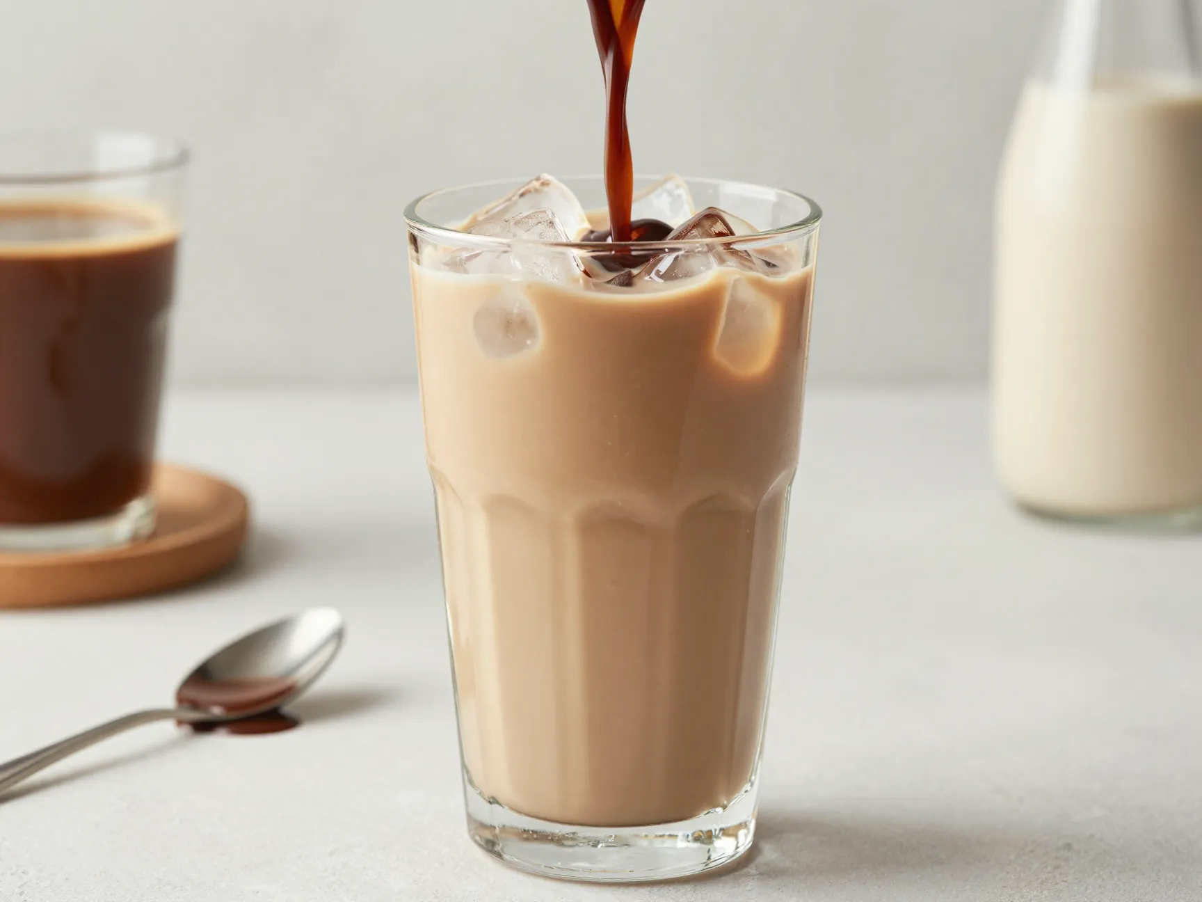 Creamy oat milk iced mocha in glass with barista style milk