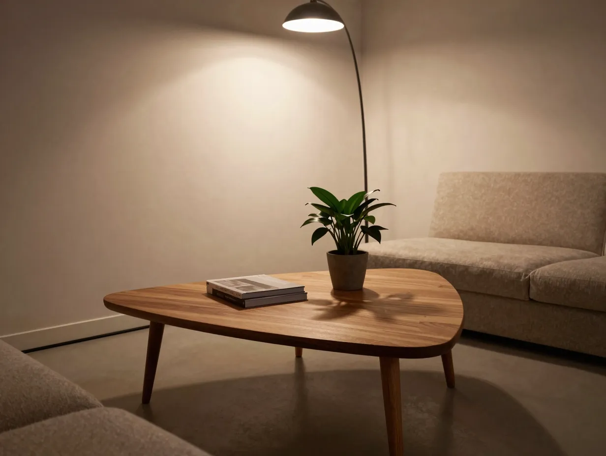 Triangular sculptural corner coffee table with tapered wood legs