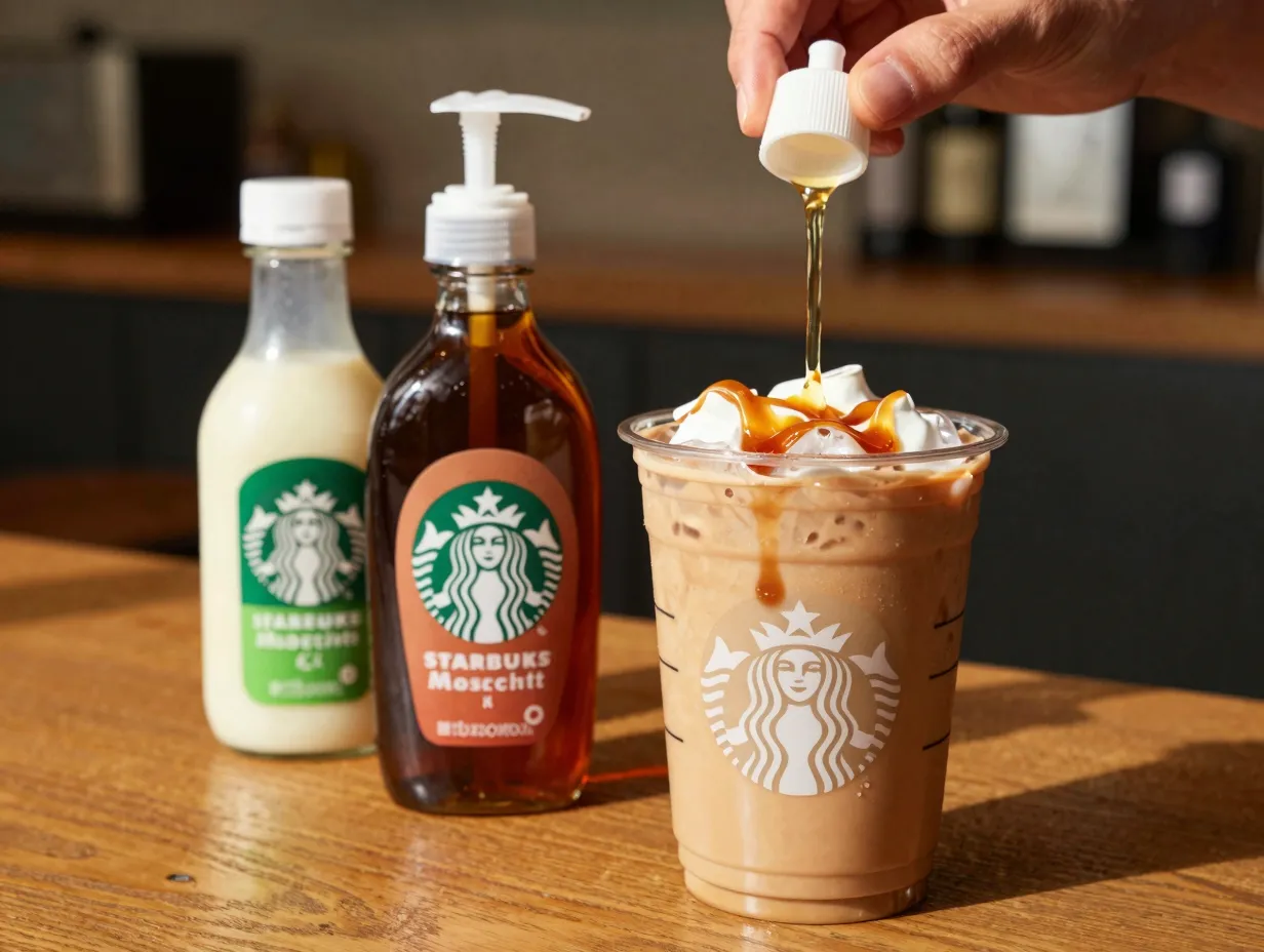 Iced caramel macchiato with brown sugar syrup and oat milk