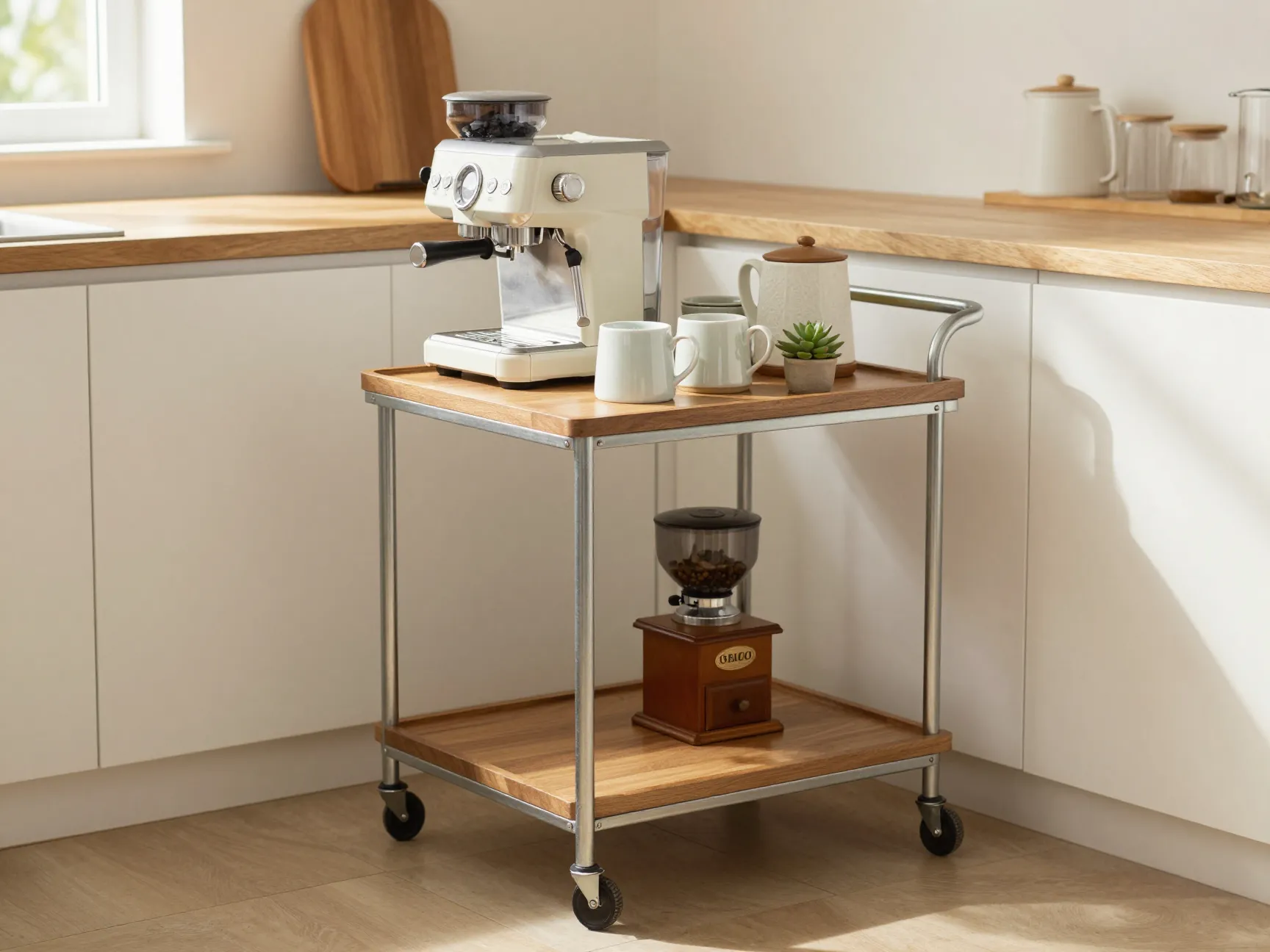 Mobile coffee bar cart with three shelves in kitchen corner