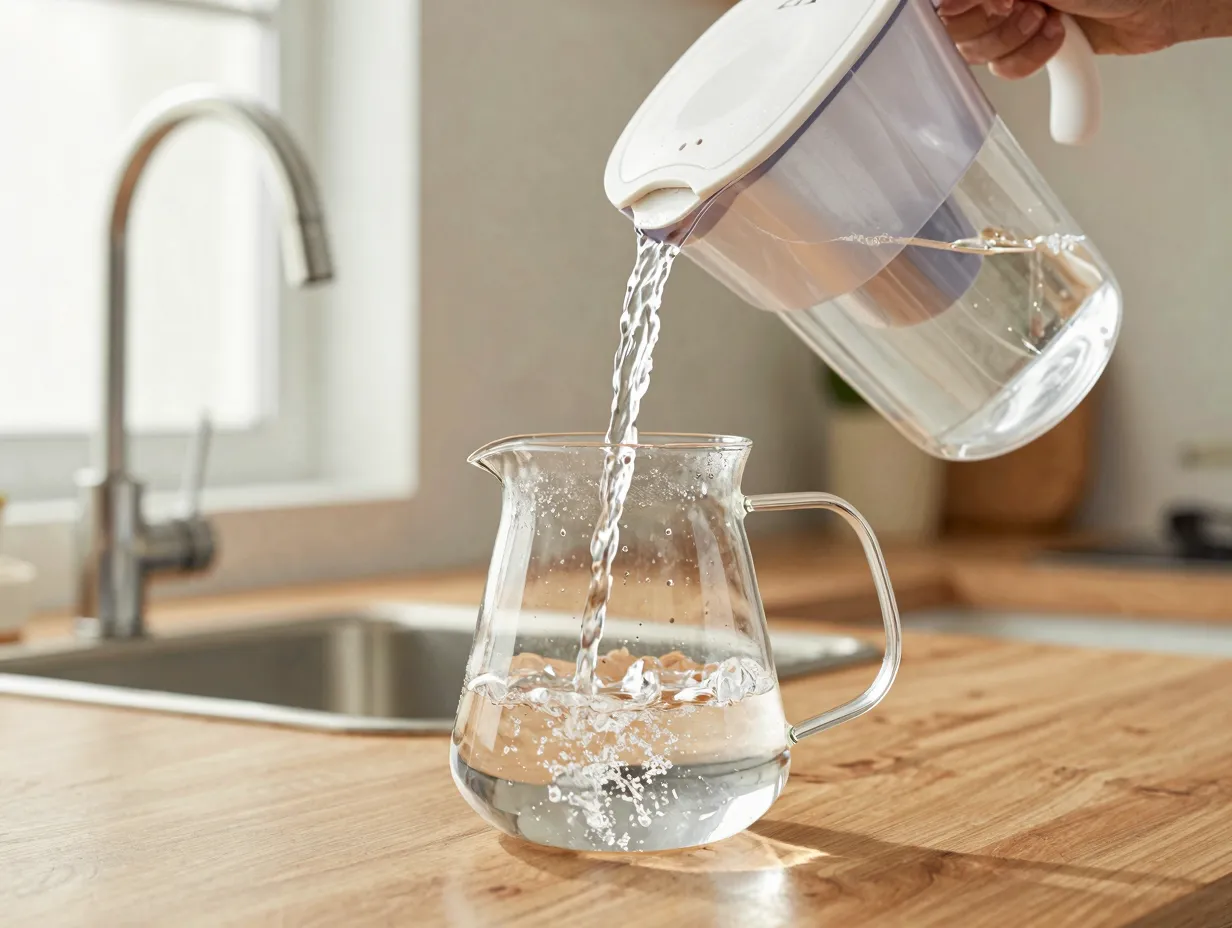 Using low quality water pitcher filter filling glass carafe
