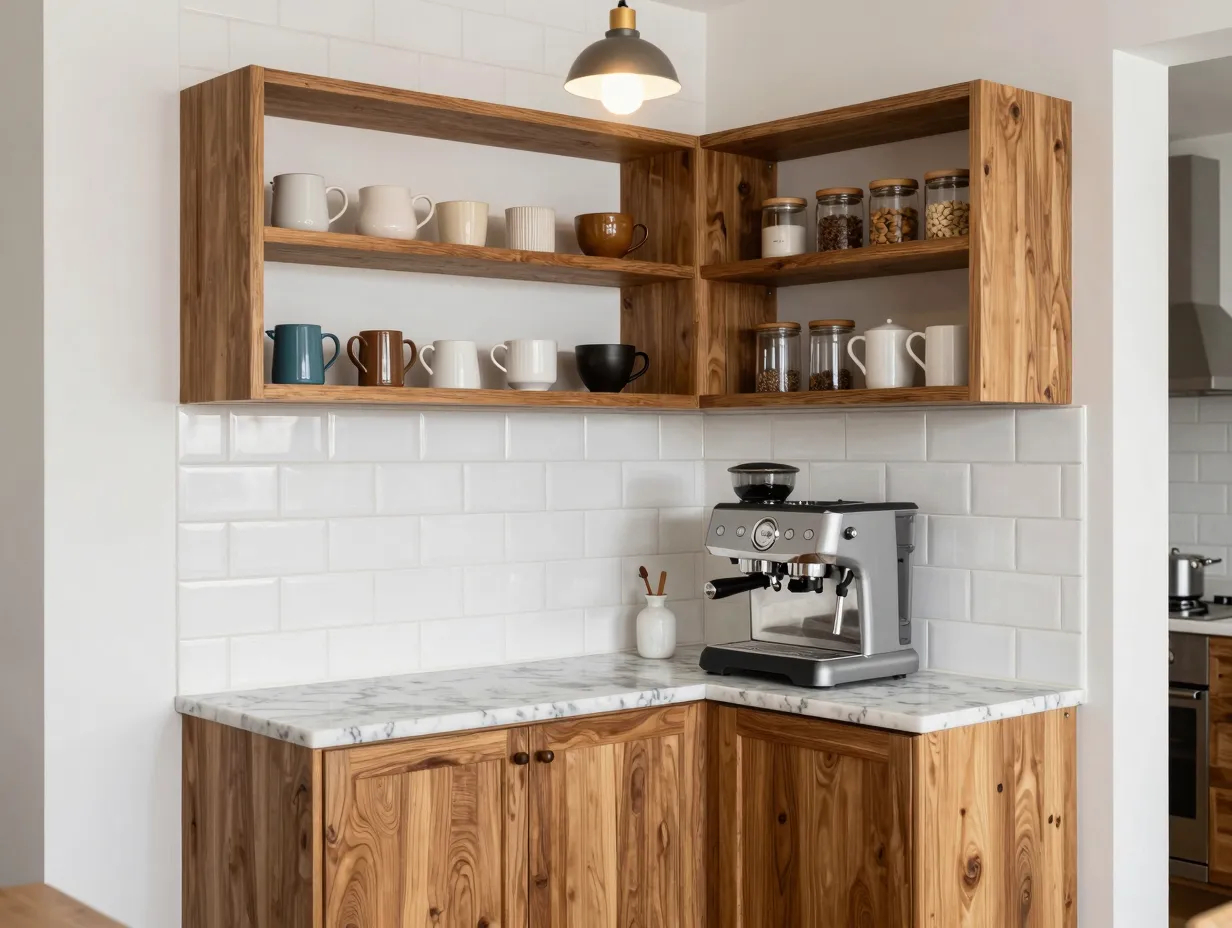Built in coffee corner nook with subway tile and open shelving
